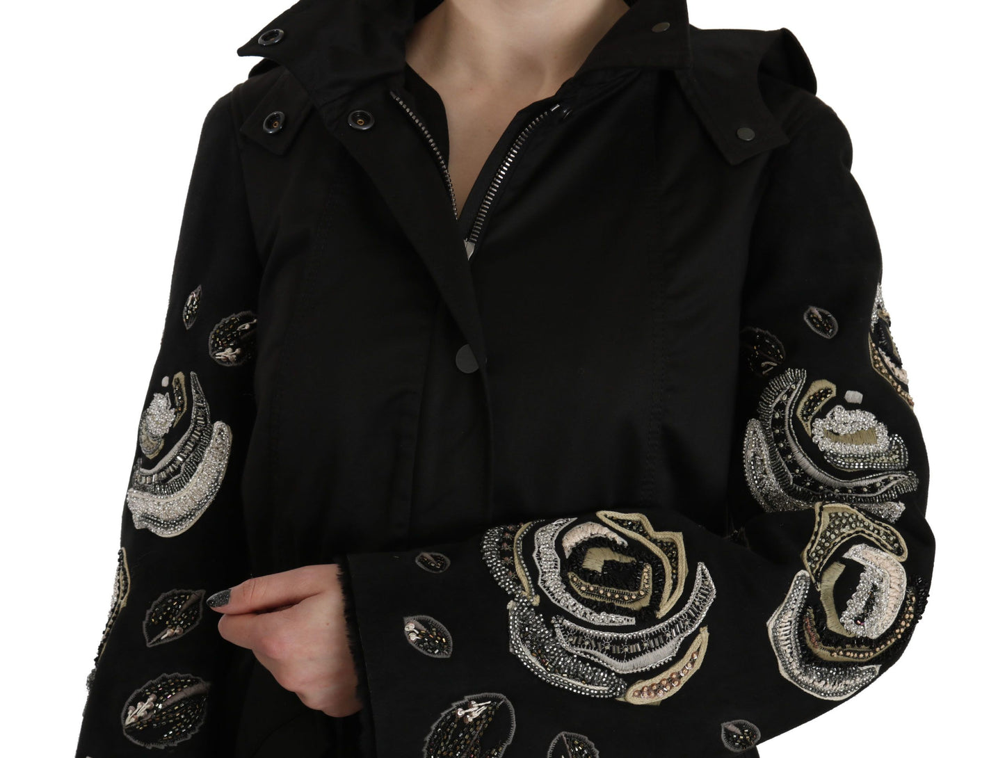 John Richmond Elegant Sort Perlebesat Parka Jakke til Kvinder