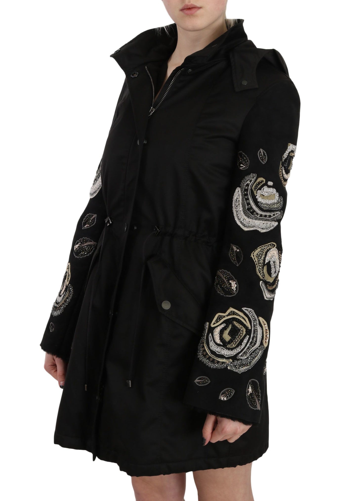 John Richmond Elegant Sort Perlebesat Parka Jakke til Kvinder