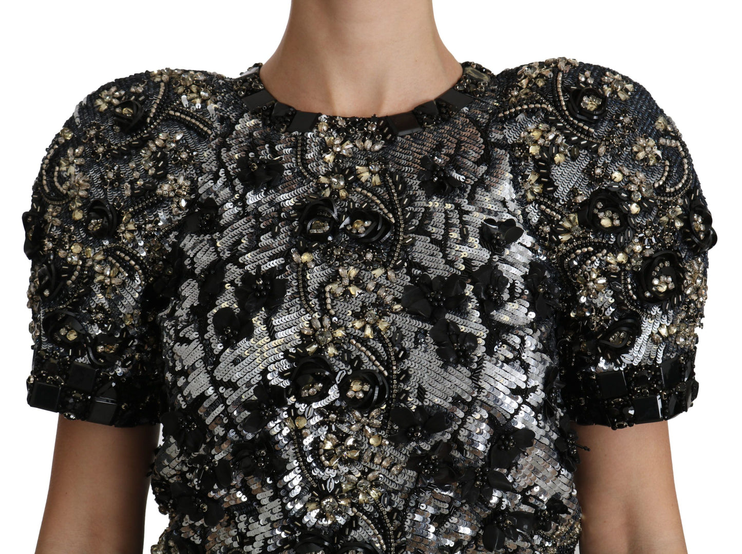Dolce & Gabbana top med pailletter og krystaludsmykning og rund hals