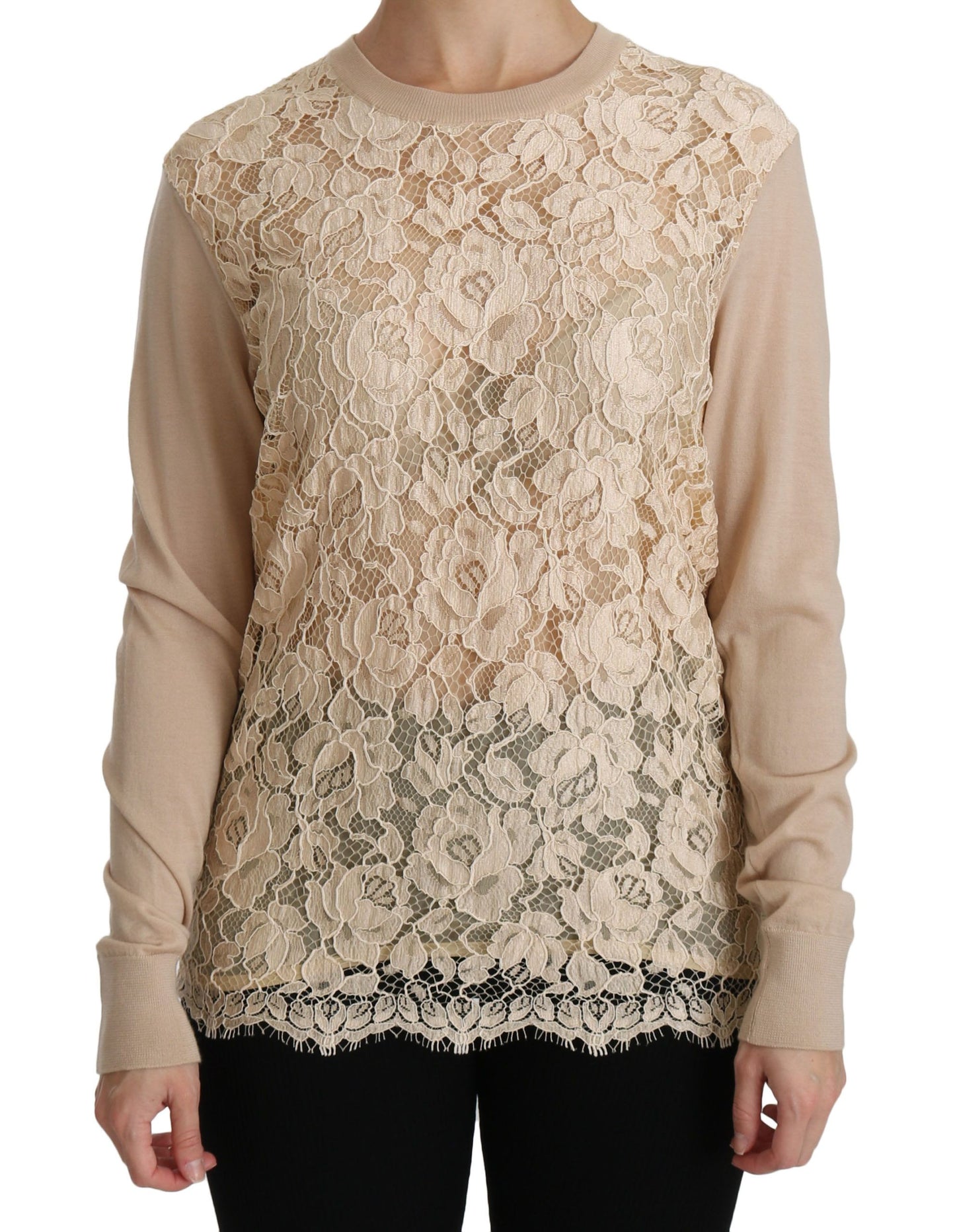 Dolce & Gabbana Elegant Beige Blonde Cashmere Bluse med Rund Hals