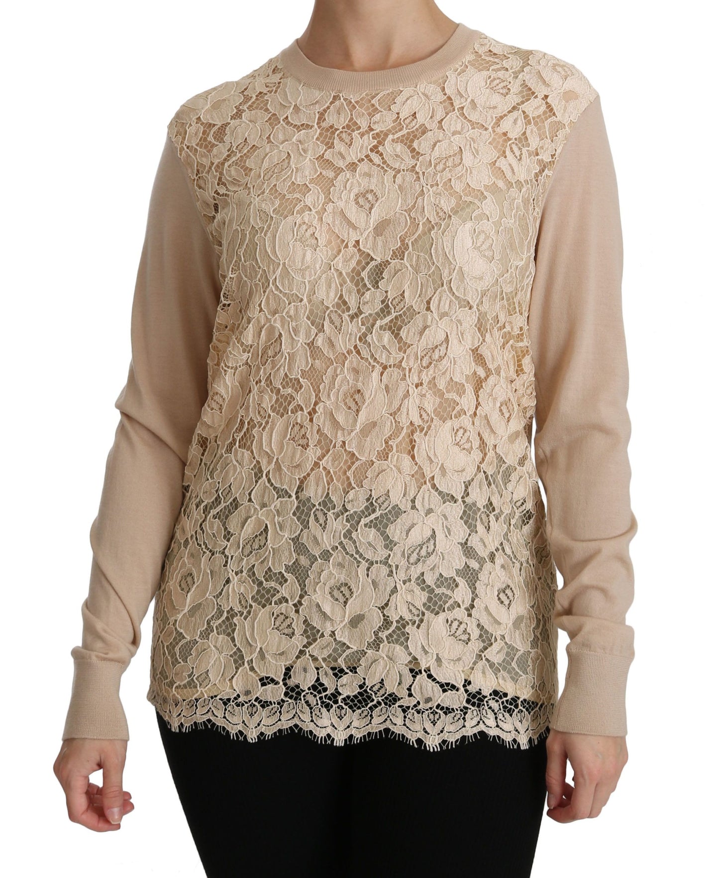 Dolce & Gabbana Elegant Beige Blonde Cashmere Bluse med Rund Hals