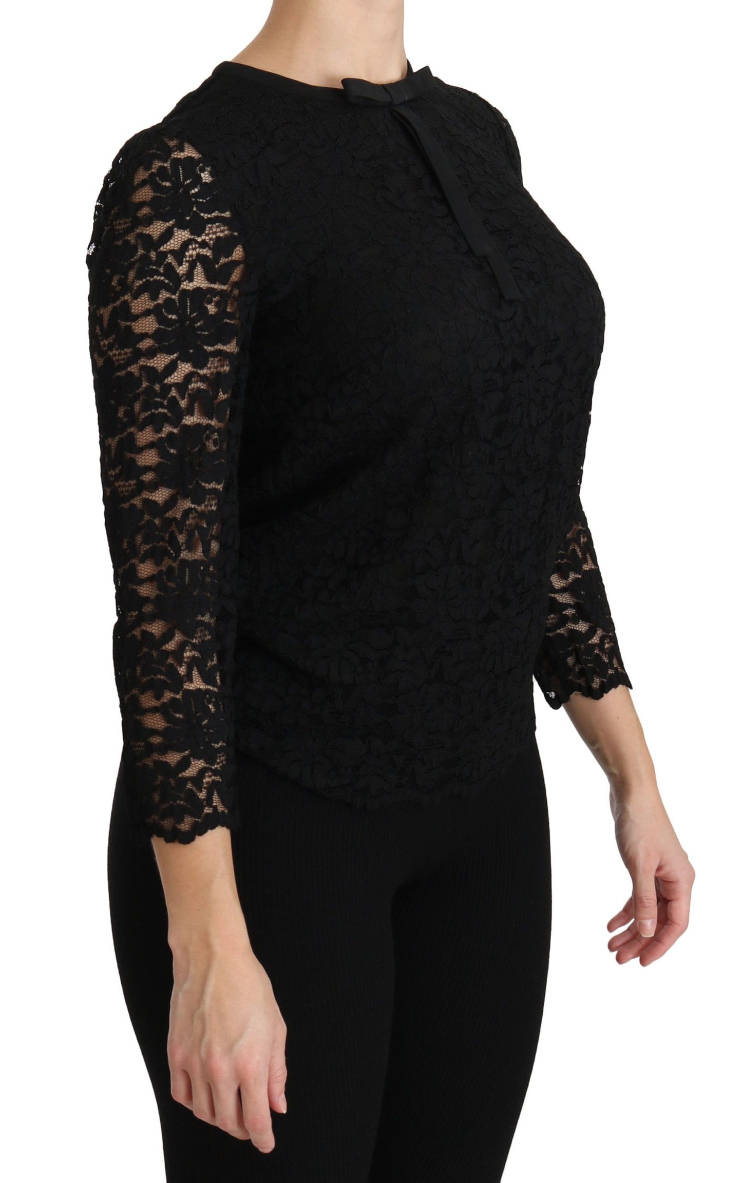 Dolce & Gabbana Elegant Sort Blondebluse med Rund Hals