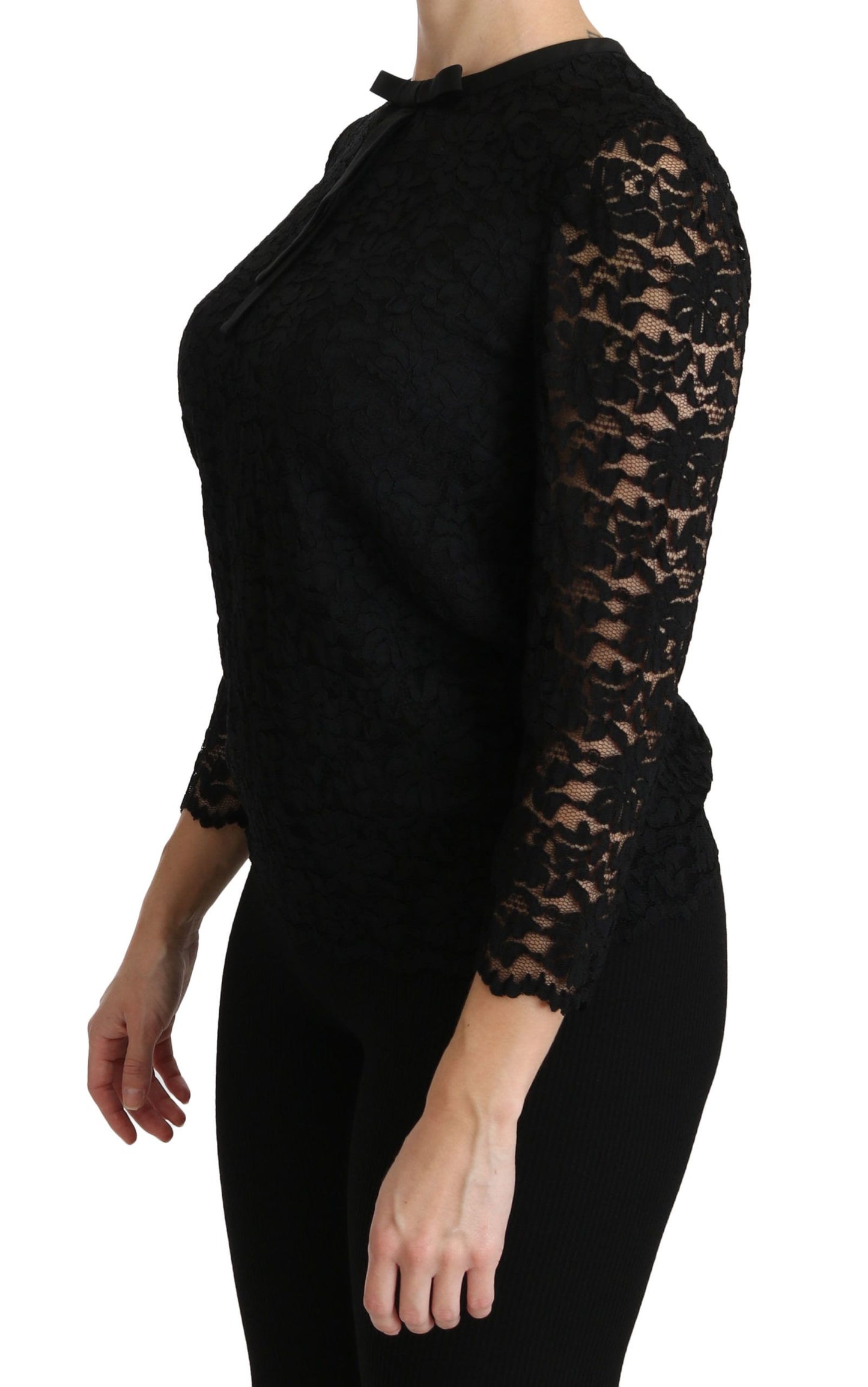 Dolce & Gabbana Elegant Sort Blondebluse med Rund Hals