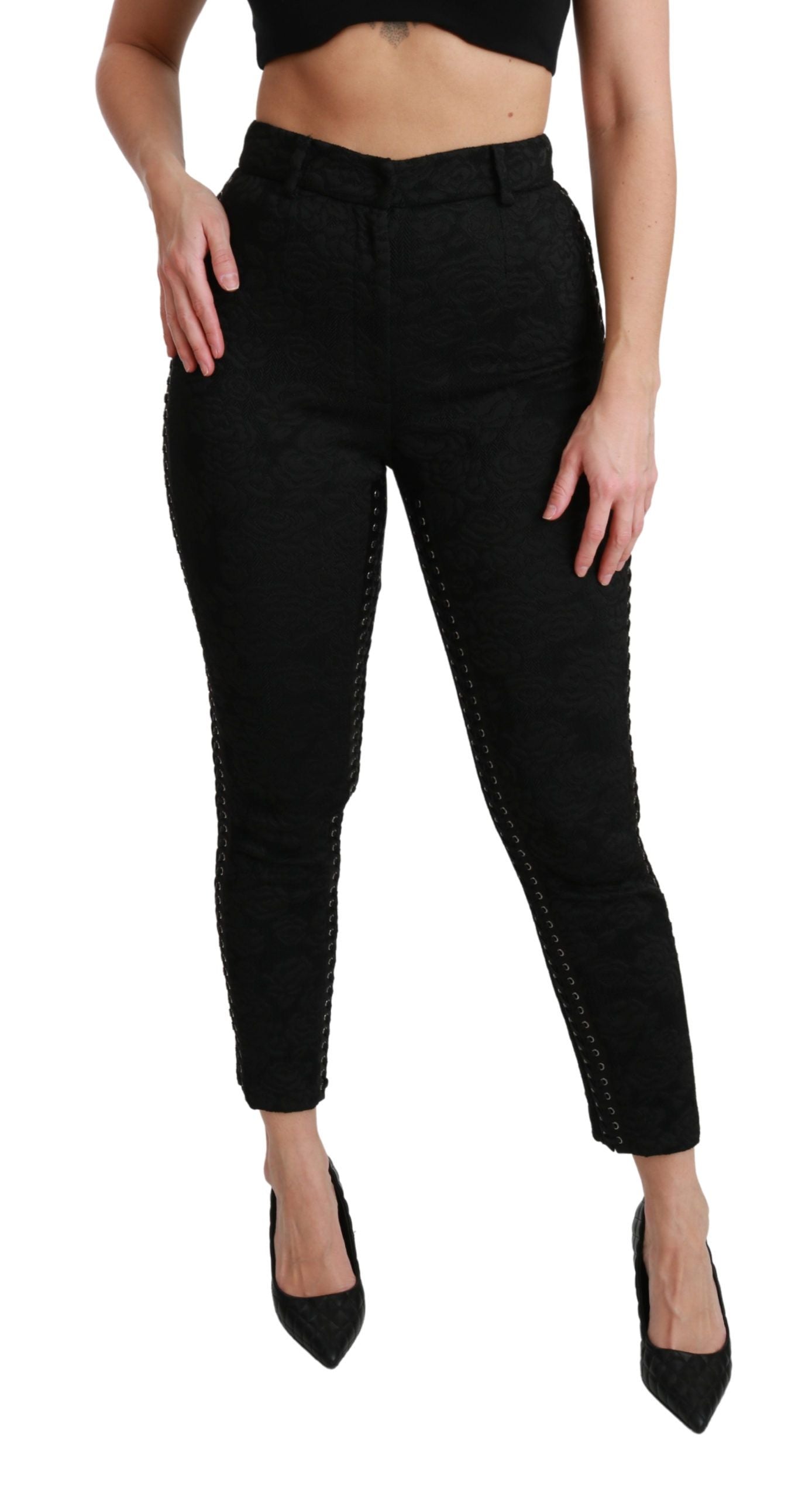 Dolce & Gabbana Elegante Højtaljede Skinny Sorte Brokadebukser