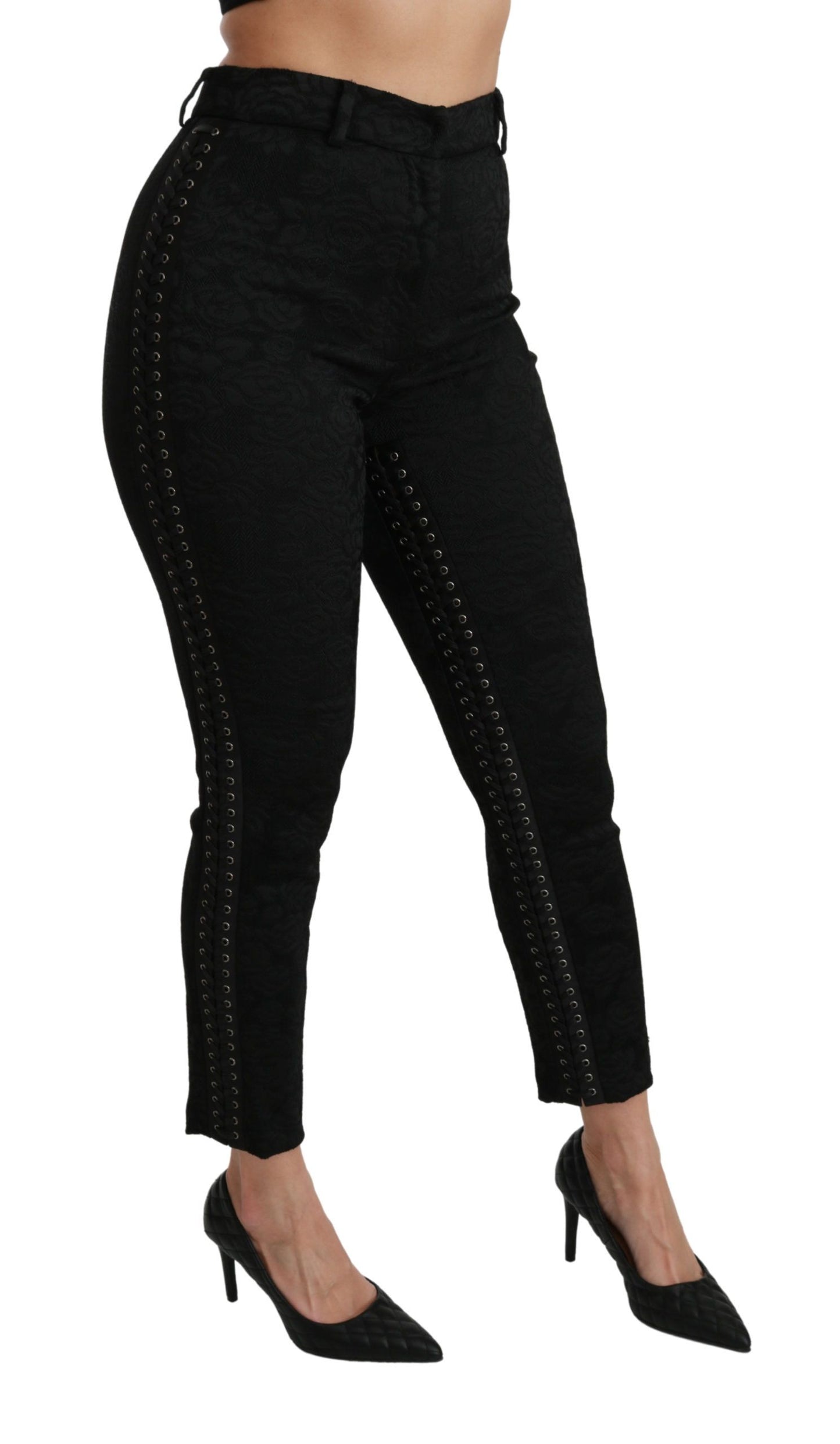 Dolce & Gabbana Elegante Højtaljede Skinny Sorte Brokadebukser