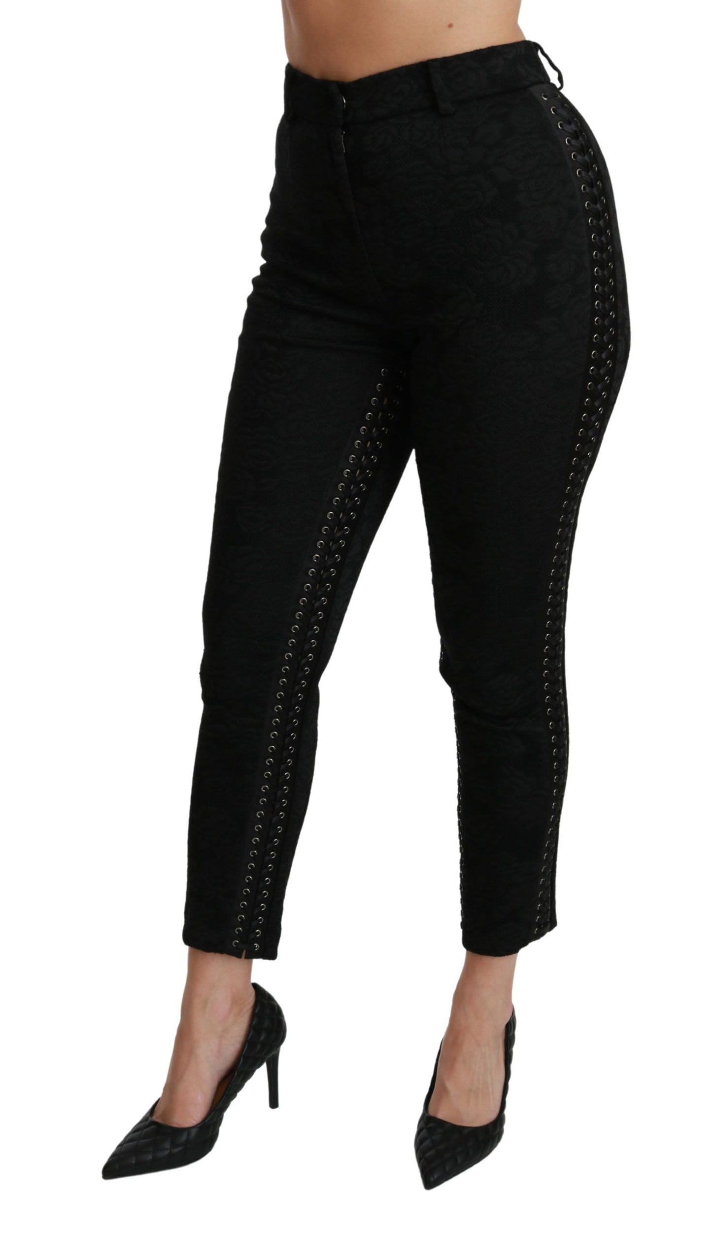 Dolce & Gabbana Elegante Højtaljede Skinny Sorte Brokadebukser
