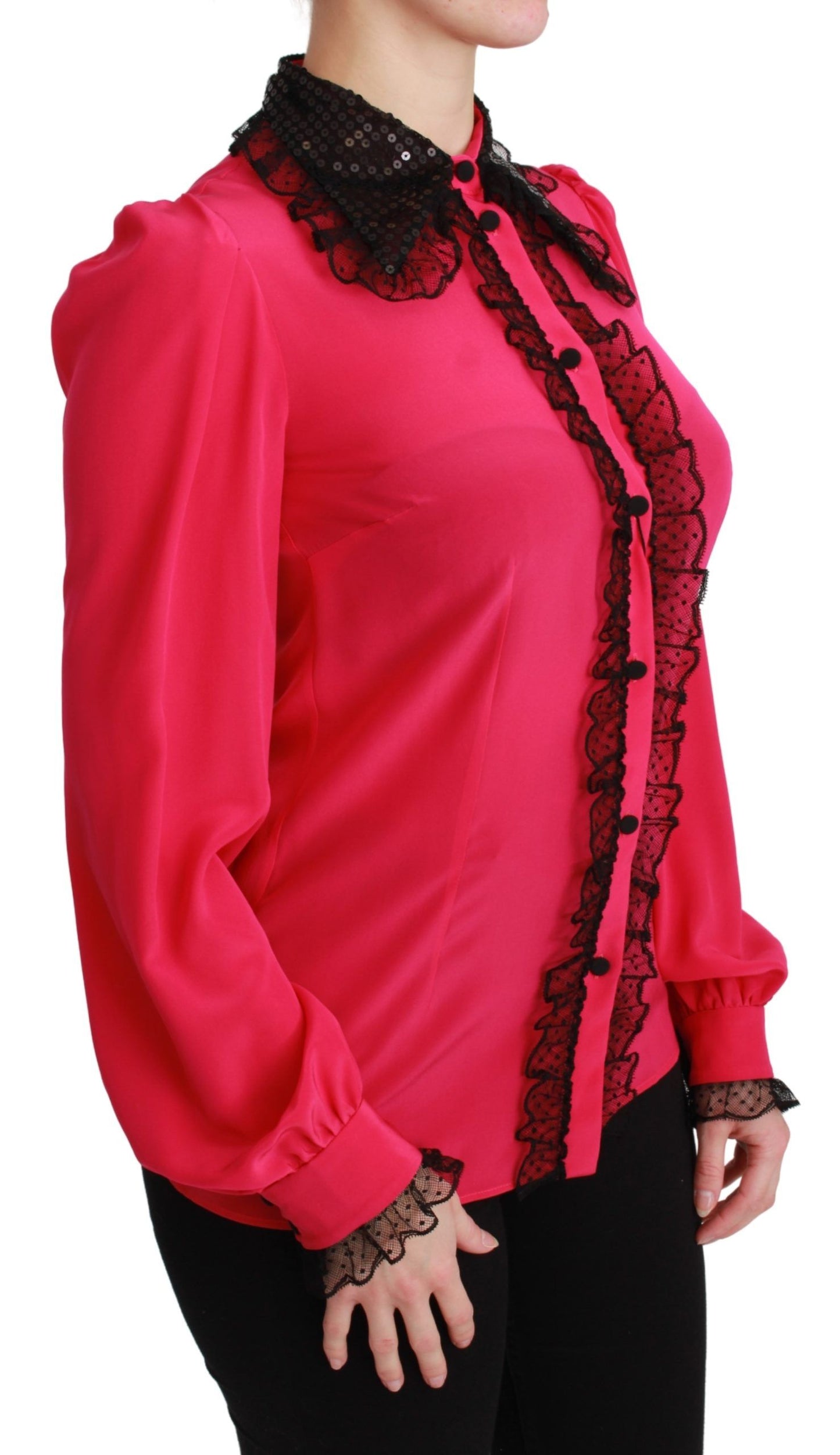Dolce & Gabbana bluse med blondedetaljer i lyserød silkeblanding