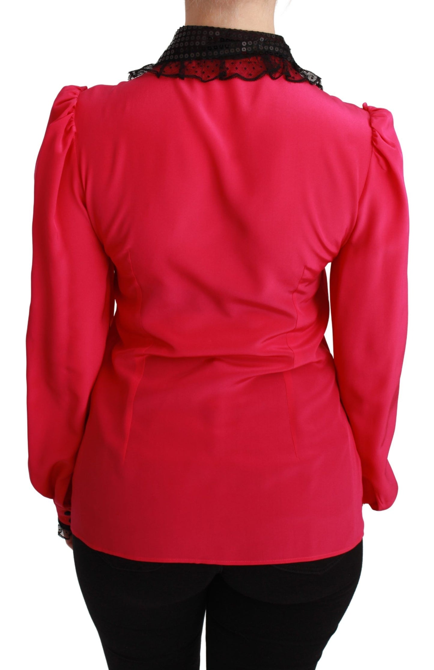Dolce & Gabbana bluse med blondedetaljer i lyserød silkeblanding