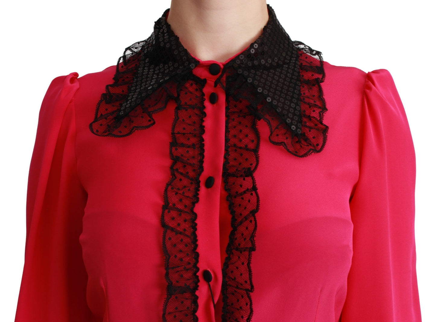 Dolce & Gabbana bluse med blondedetaljer i lyserød silkeblanding