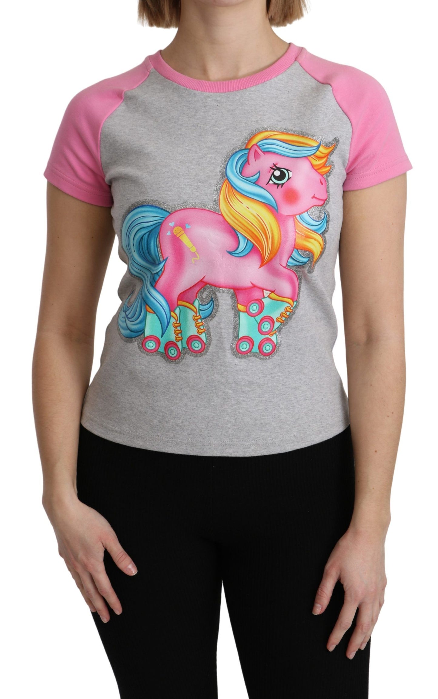 Moschino Chic grå rund hals bomulds-T-shirt med lyserøde detaljer