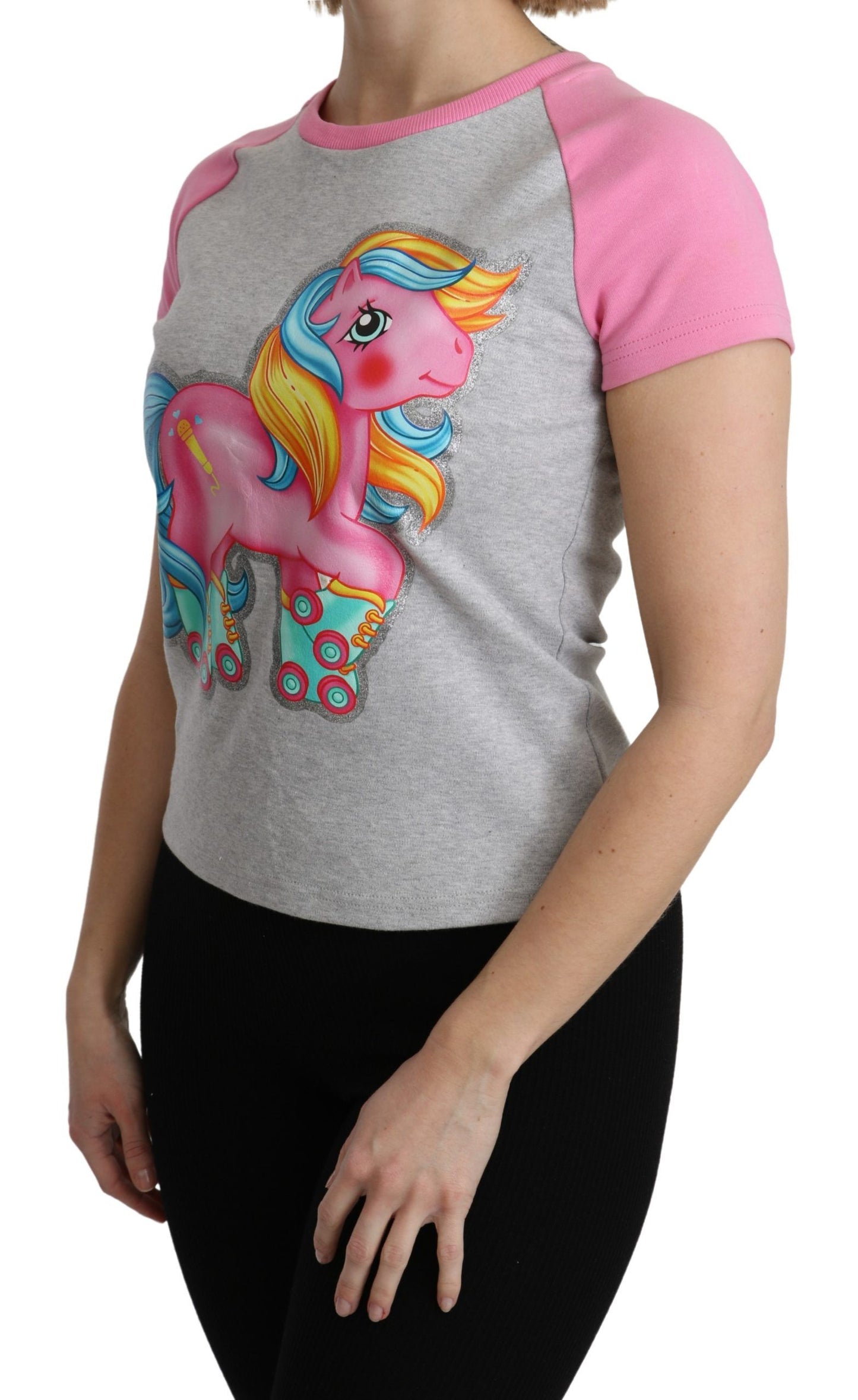 Moschino Chic grå rund hals bomulds-T-shirt med lyserøde detaljer