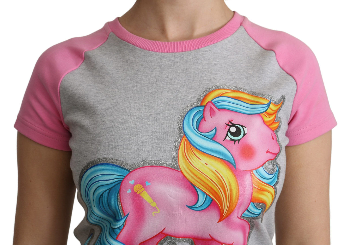 Moschino Chic grå rund hals bomulds-T-shirt med lyserøde detaljer