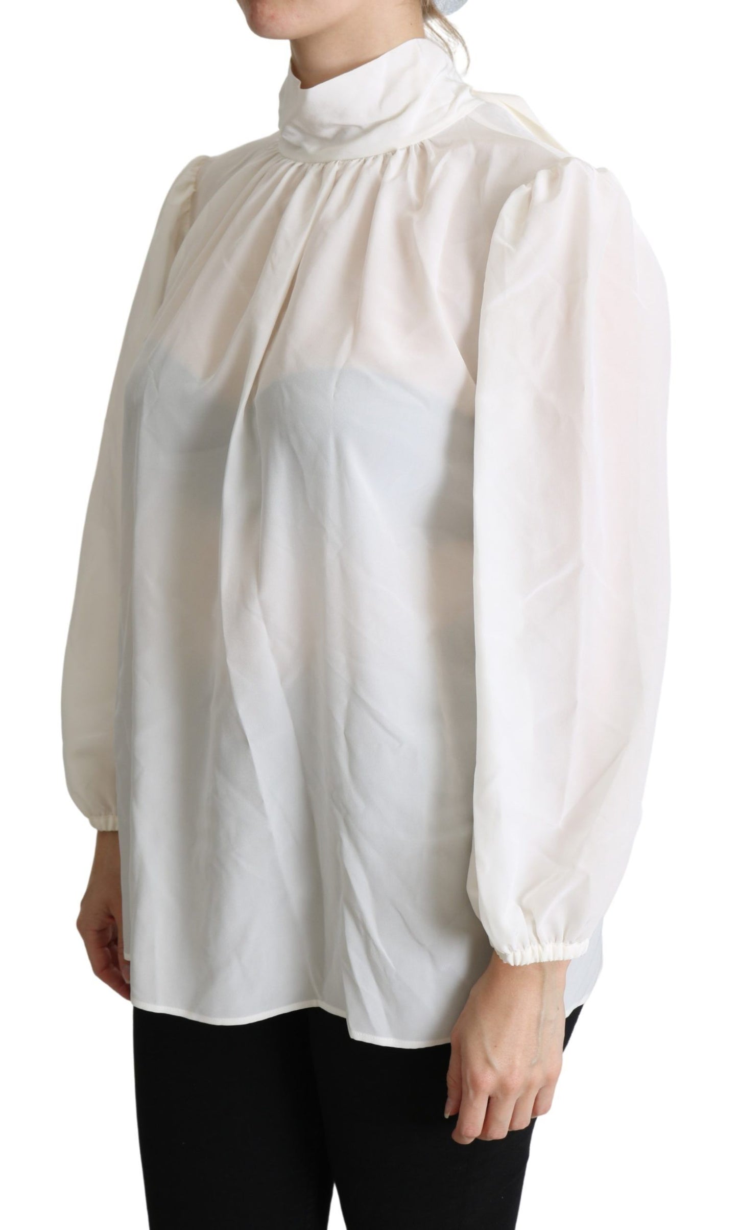 Dolce & Gabbana Elegant Hvid Silkebluse Med Sløjfe