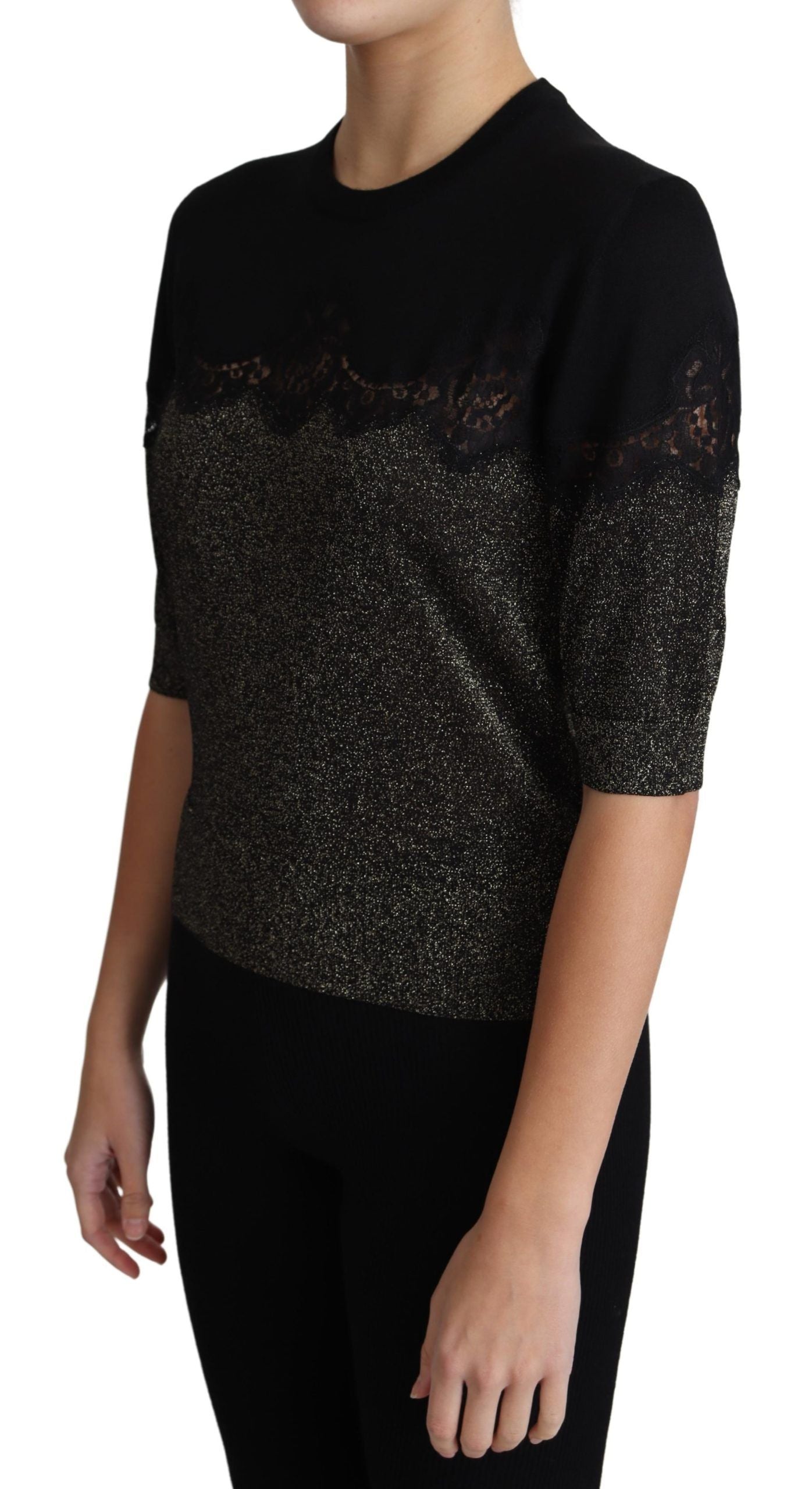 Dolce & Gabbana Elegant Lurex Jerseybluse med blondedetaljer
