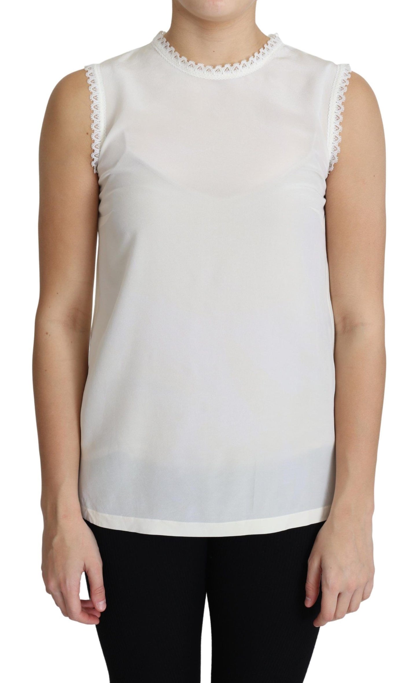 Dolce & Gabbana Elegant Silkebluse med Blondedetaljer Ærmeløs