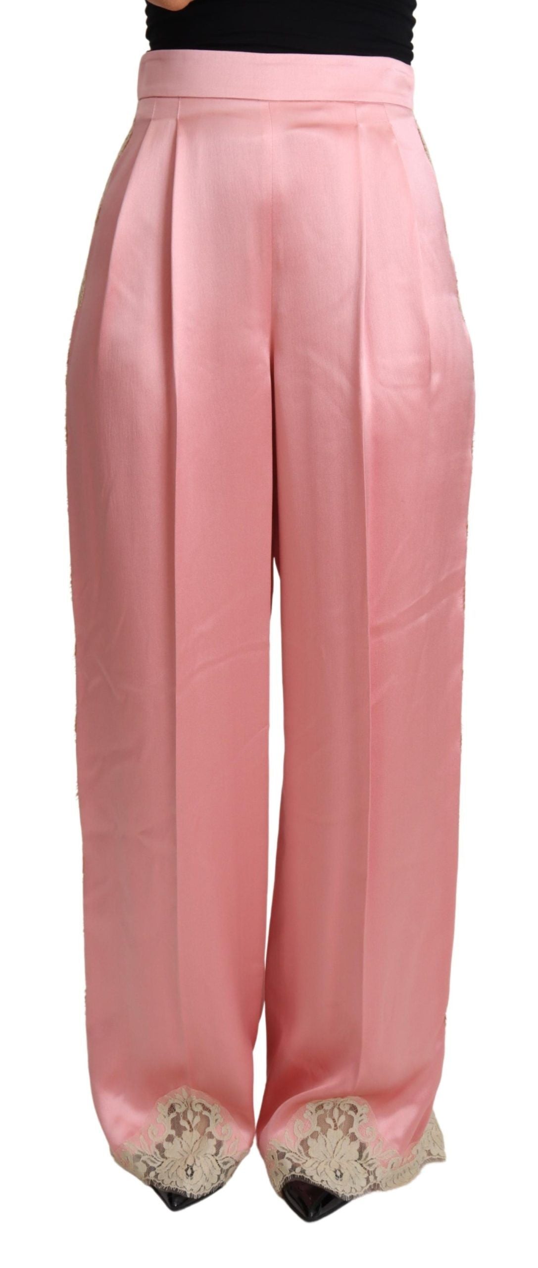 Dolce & Gabbana Silkeblanding Satin Bukser med Brede Ben i Pink