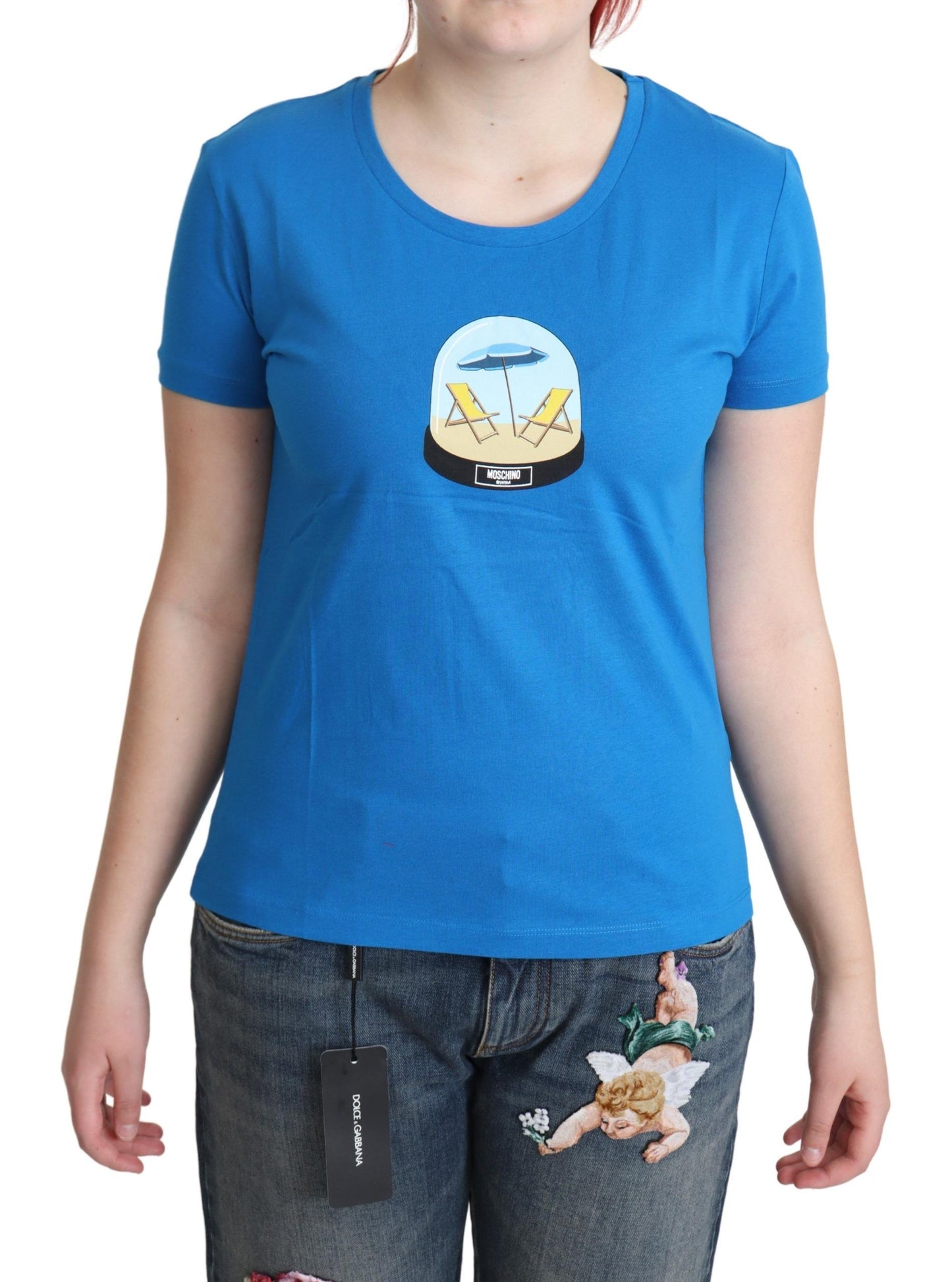 Moschino Chic Blå Bomuld T-shirt med Ikonisk Print