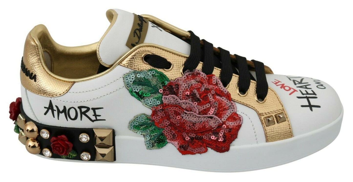Dolce & Gabbana Elegante Pailletblomstrede Lædersneakers