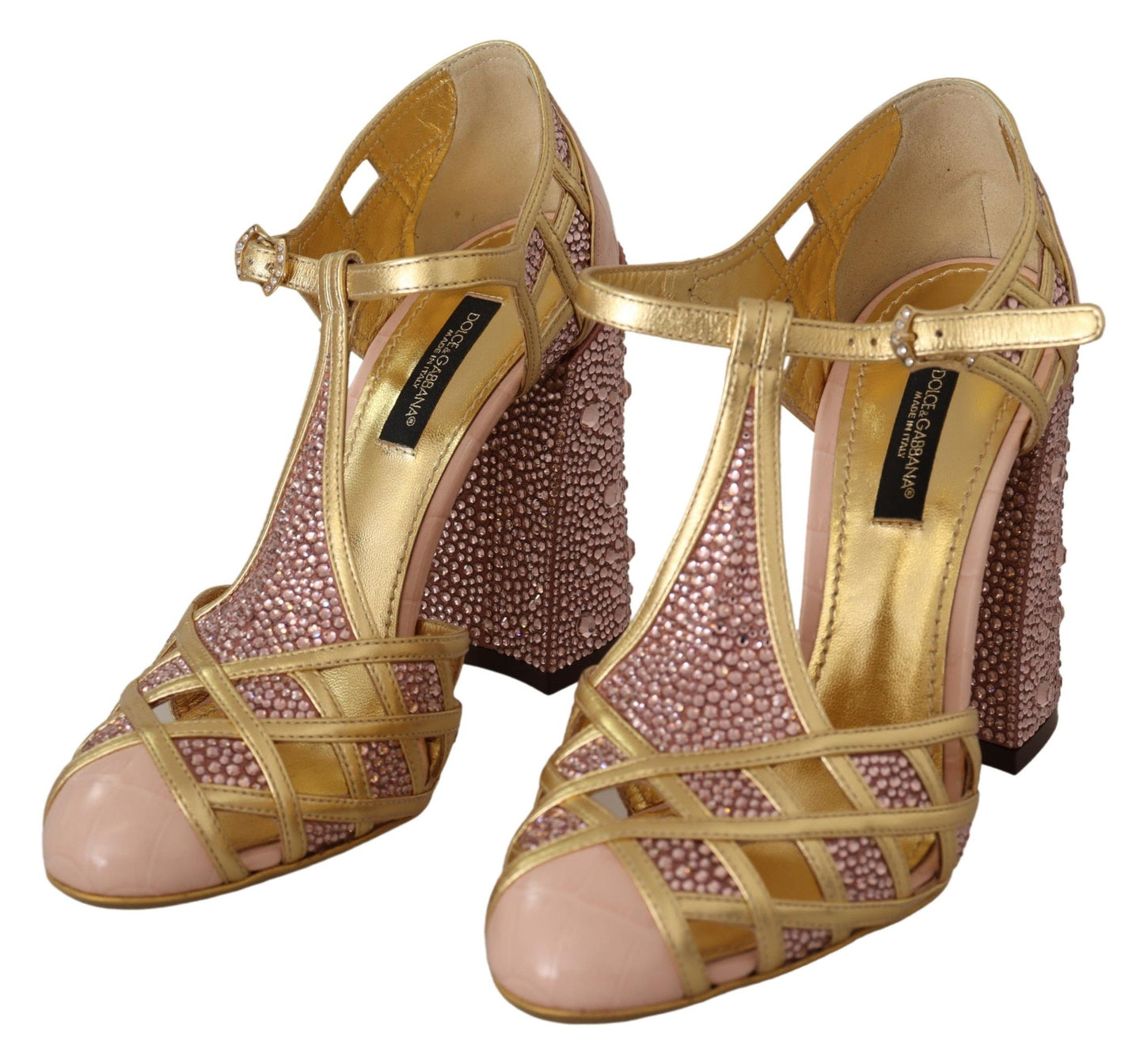 Dolce & Gabbana silkebesatte pumps i læder med krystal i lyserødt guld