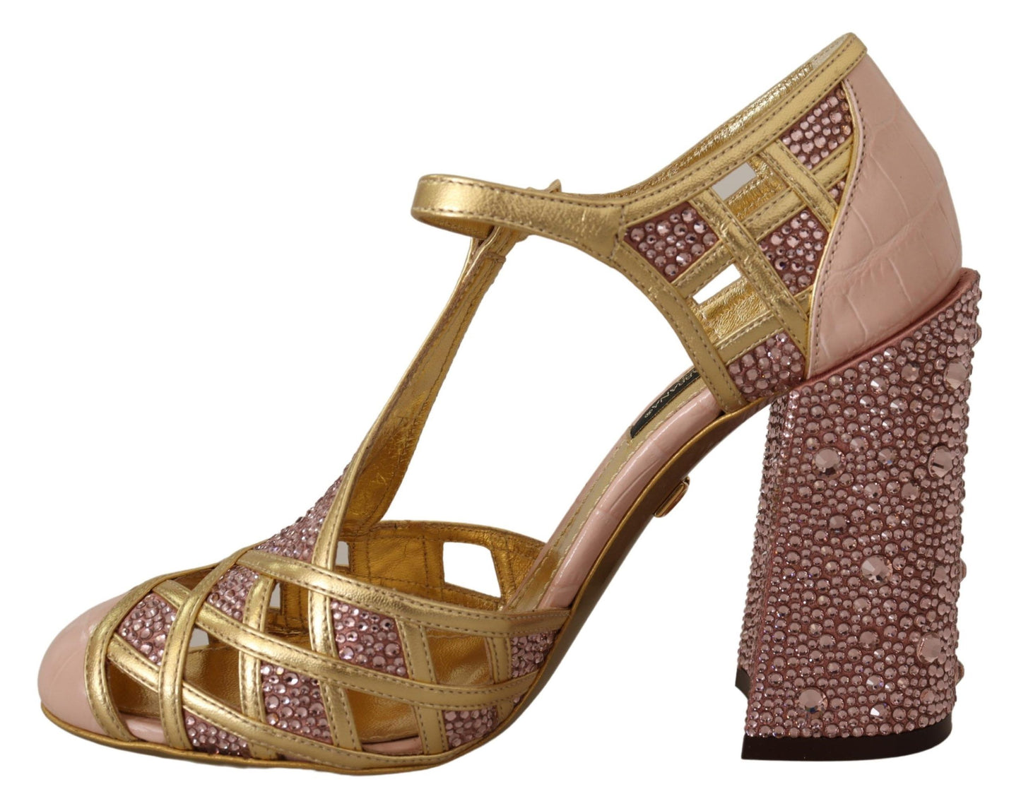 Dolce & Gabbana silkebesatte pumps i læder med krystal i lyserødt guld