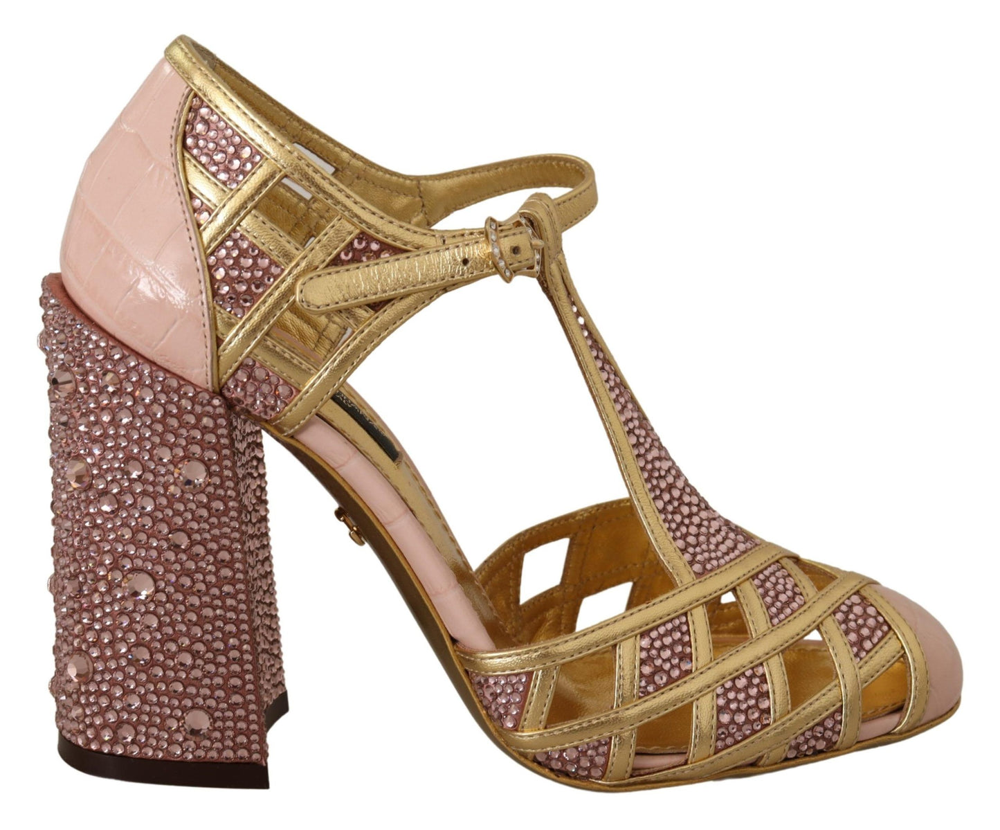 Dolce & Gabbana silkebesatte pumps i læder med krystal i lyserødt guld