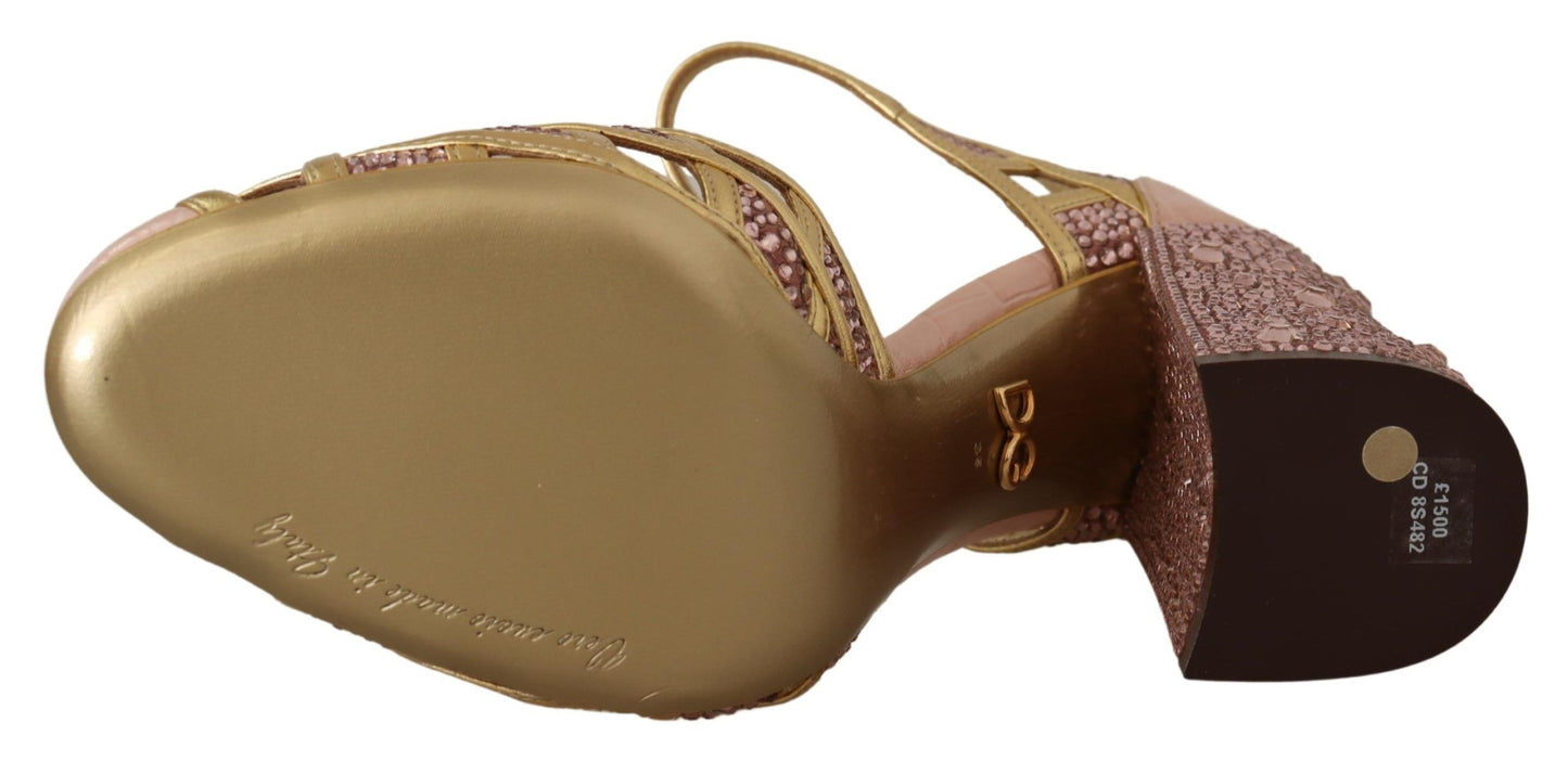 Dolce & Gabbana silkebesatte pumps i læder med krystal i lyserødt guld