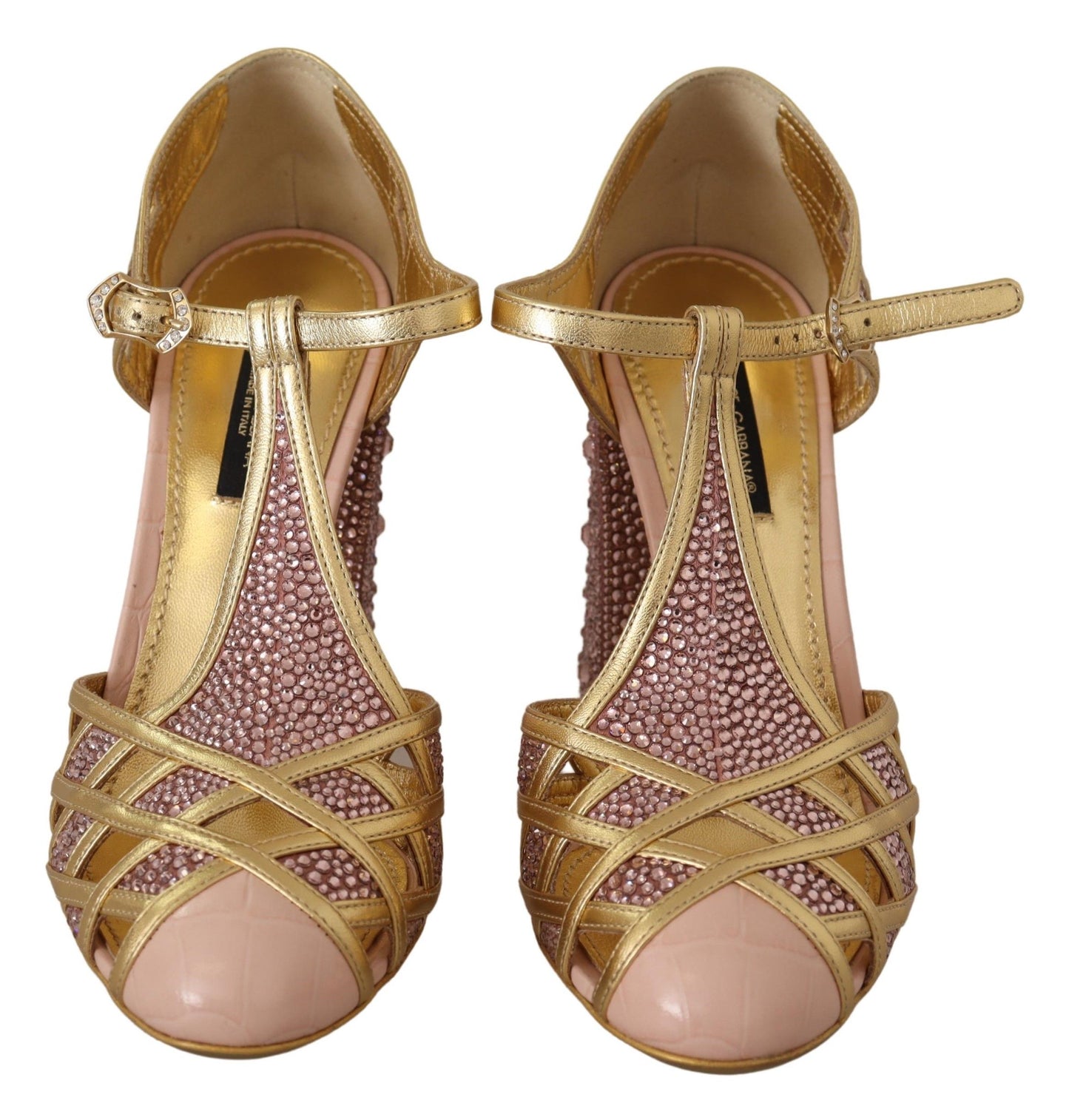 Dolce & Gabbana silkebesatte pumps i læder med krystal i lyserødt guld