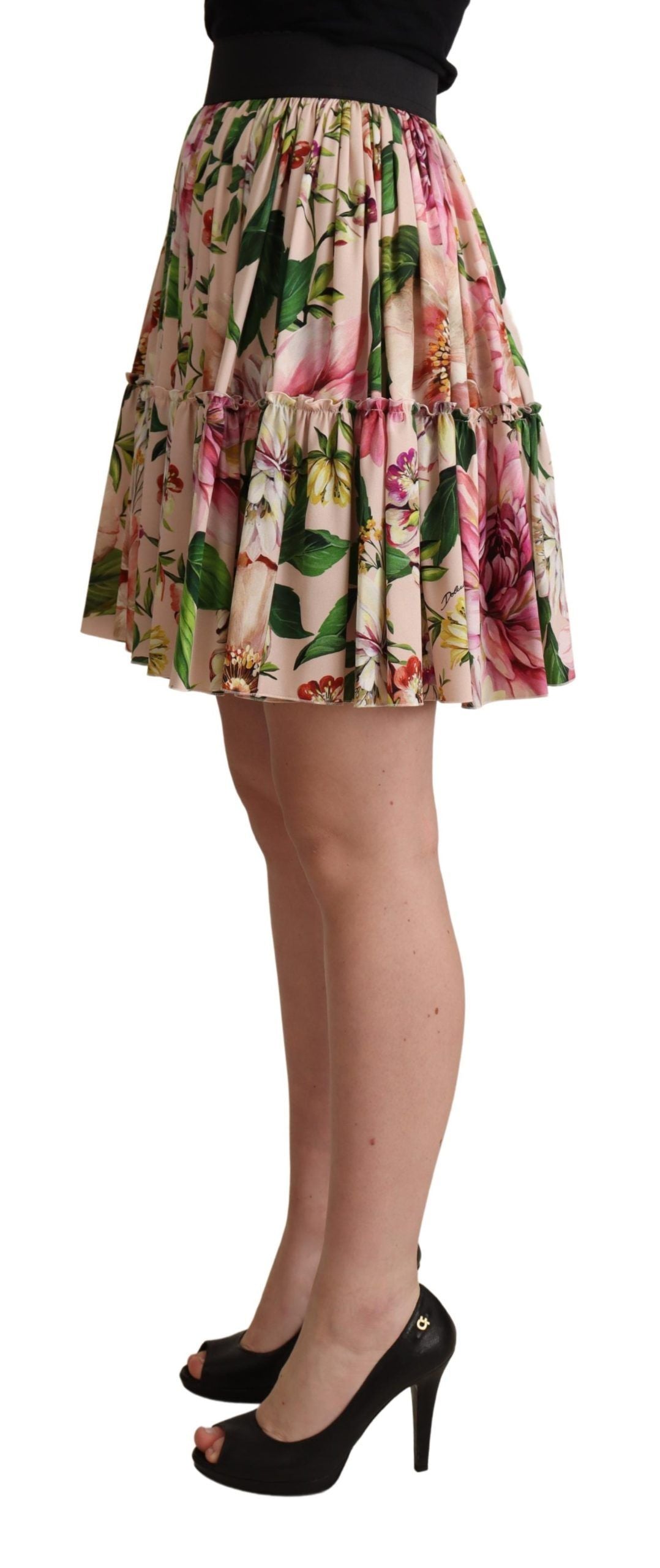 Dolce & Gabbana Elegant Blomsterprintet Silke Højtaljet Mini Nederdel