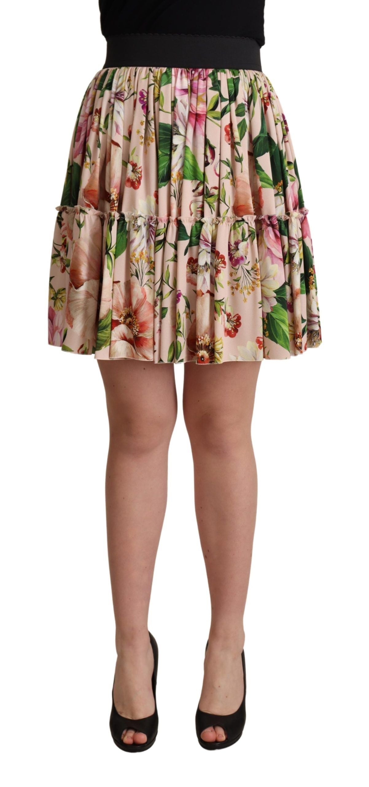 Dolce & Gabbana Elegant Blomsterprintet Silke Højtaljet Mini Nederdel