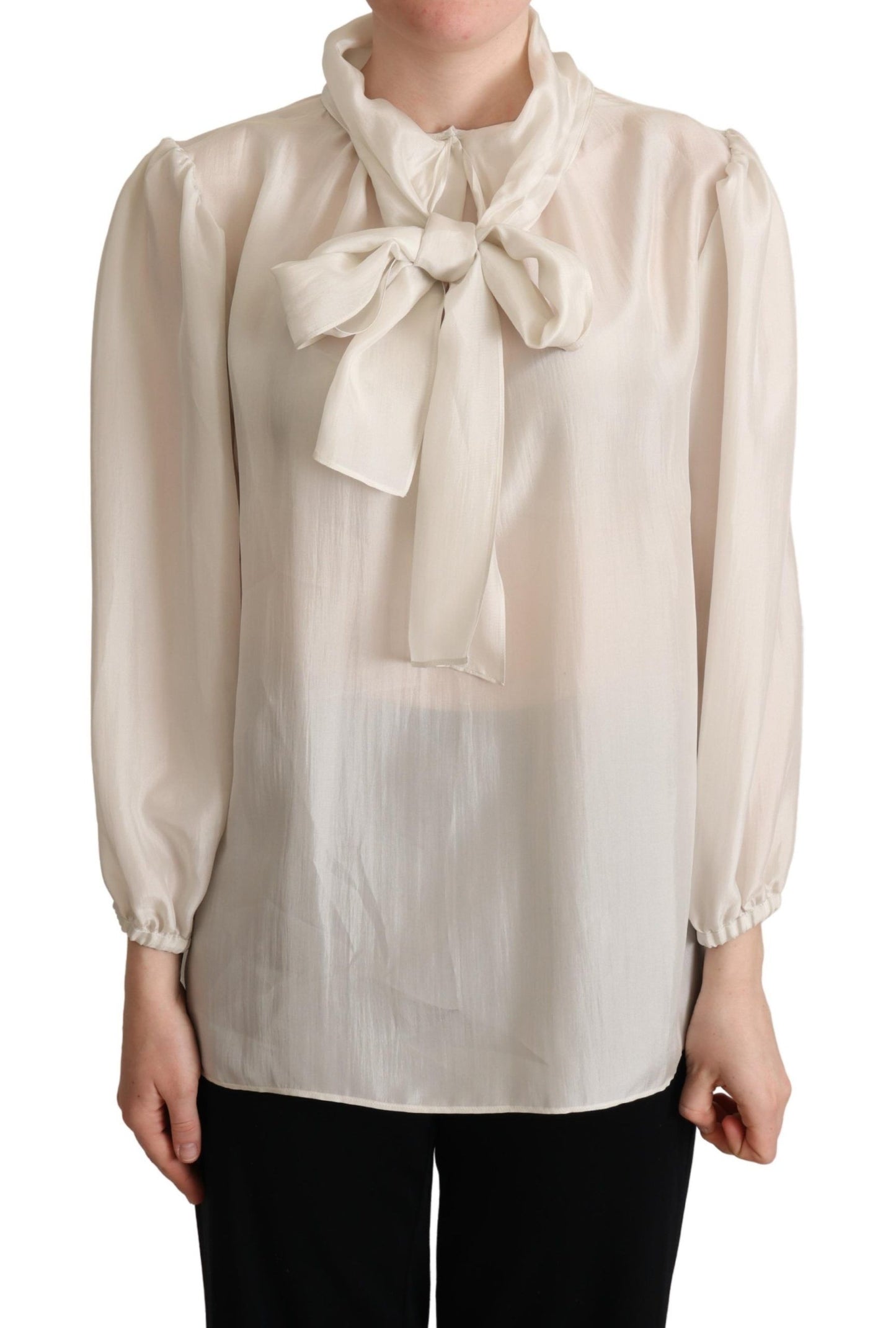 Dolce & Gabbana Elegant Lysegrå Silke Ascot Bluse