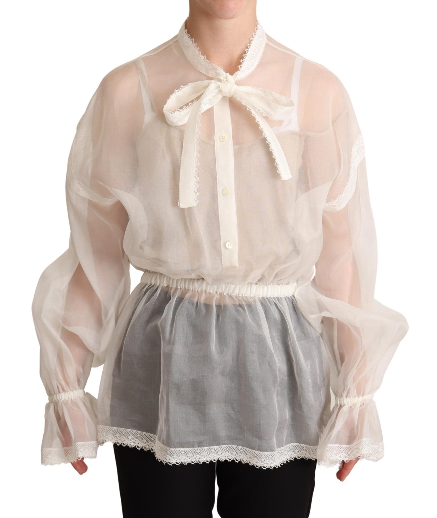 Dolce & Gabbana Elegant Hvid Silke-Bomuld Ascot Bluse