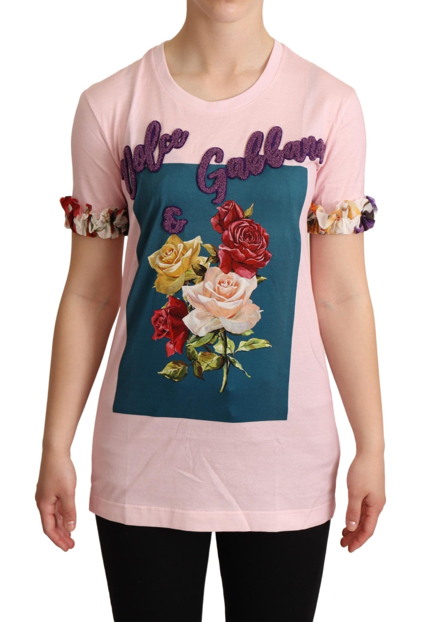 Dolce & Gabbana Elegant Blomster-T-shirt med Rose-applikation