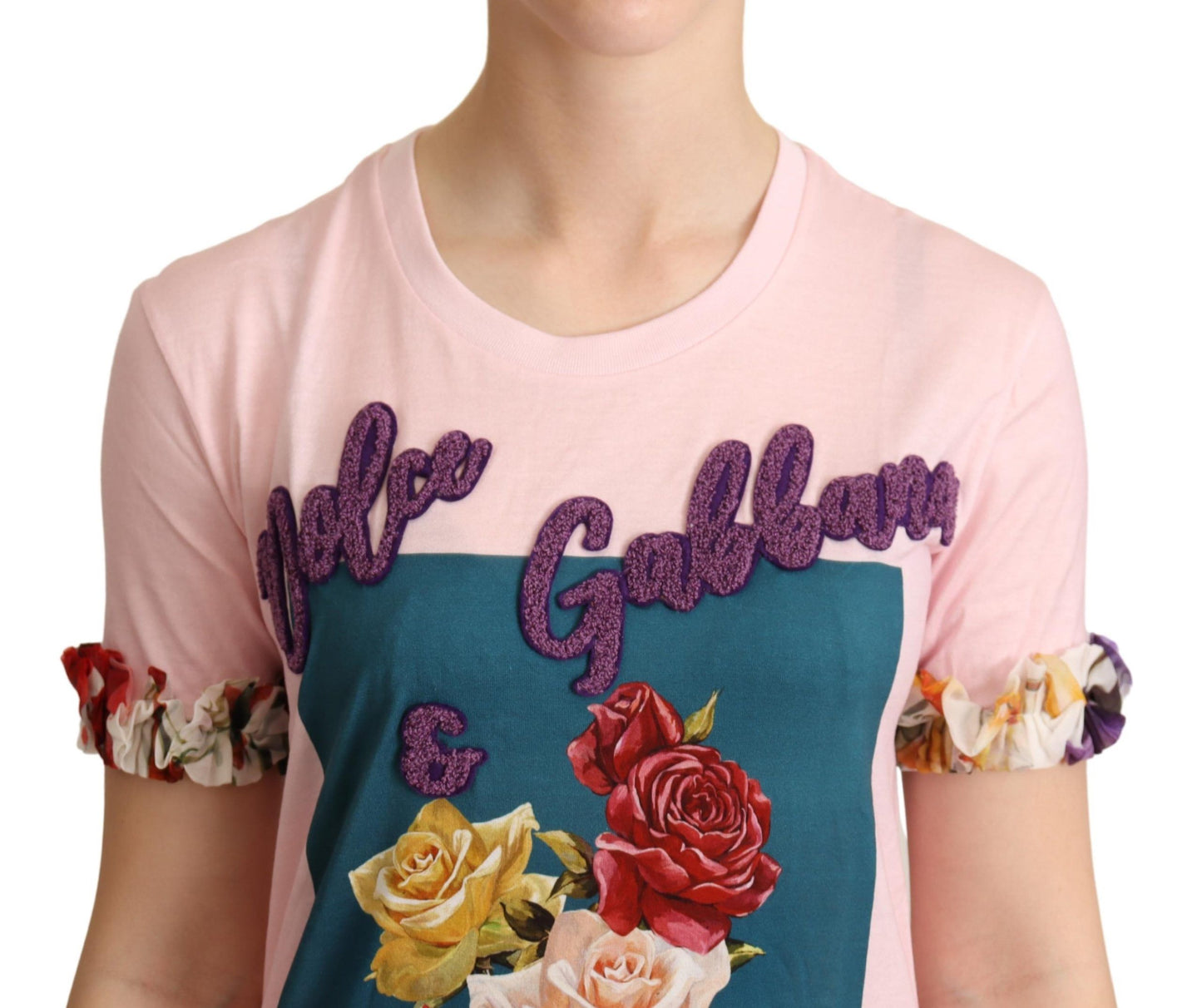 Dolce & Gabbana Elegant Blomster-T-shirt med Rose-applikation