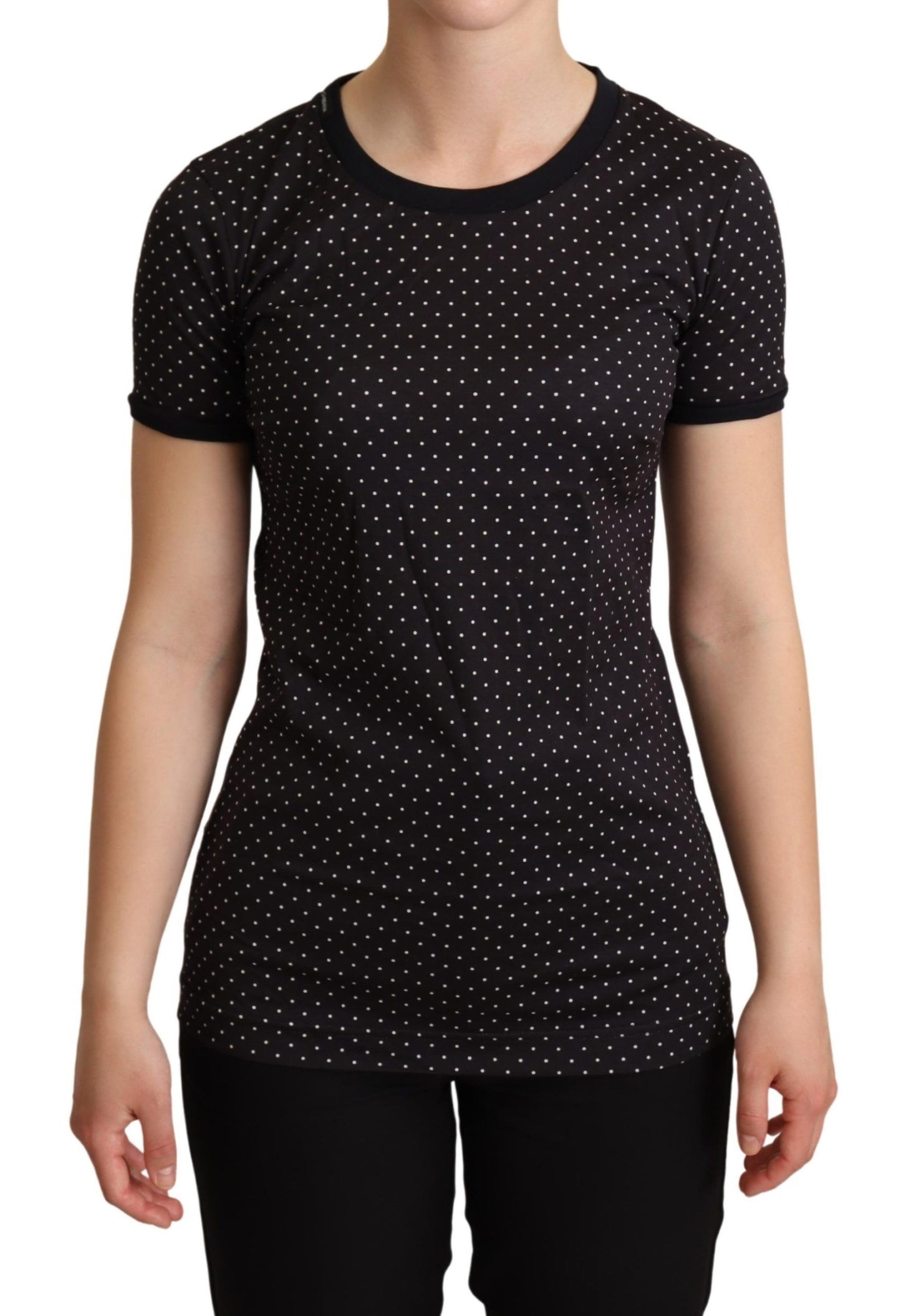 Dolce & Gabbana Polka Prikket Sort Kortærmet Top med Rund Hals