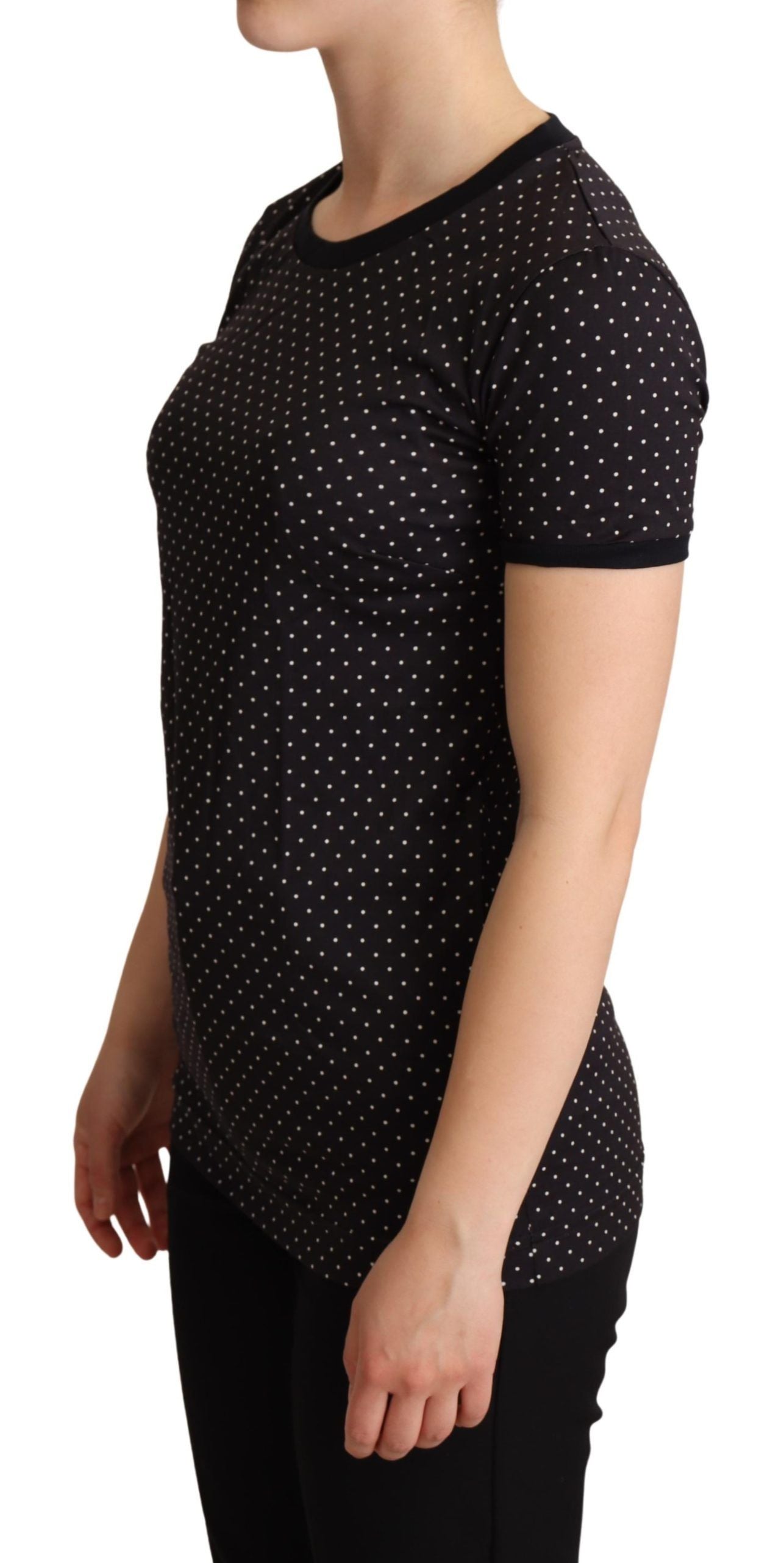 Dolce & Gabbana Polka Prikket Sort Kortærmet Top med Rund Hals