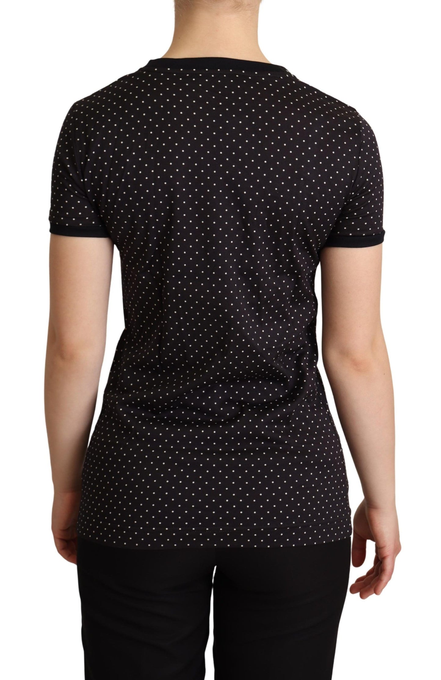 Dolce & Gabbana Polka Prikket Sort Kortærmet Top med Rund Hals