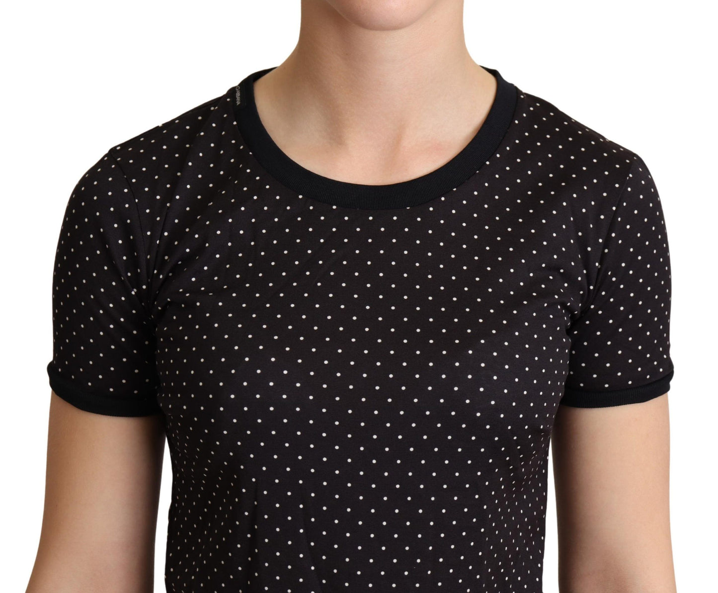 Dolce & Gabbana Polka Prikket Sort Kortærmet Top med Rund Hals