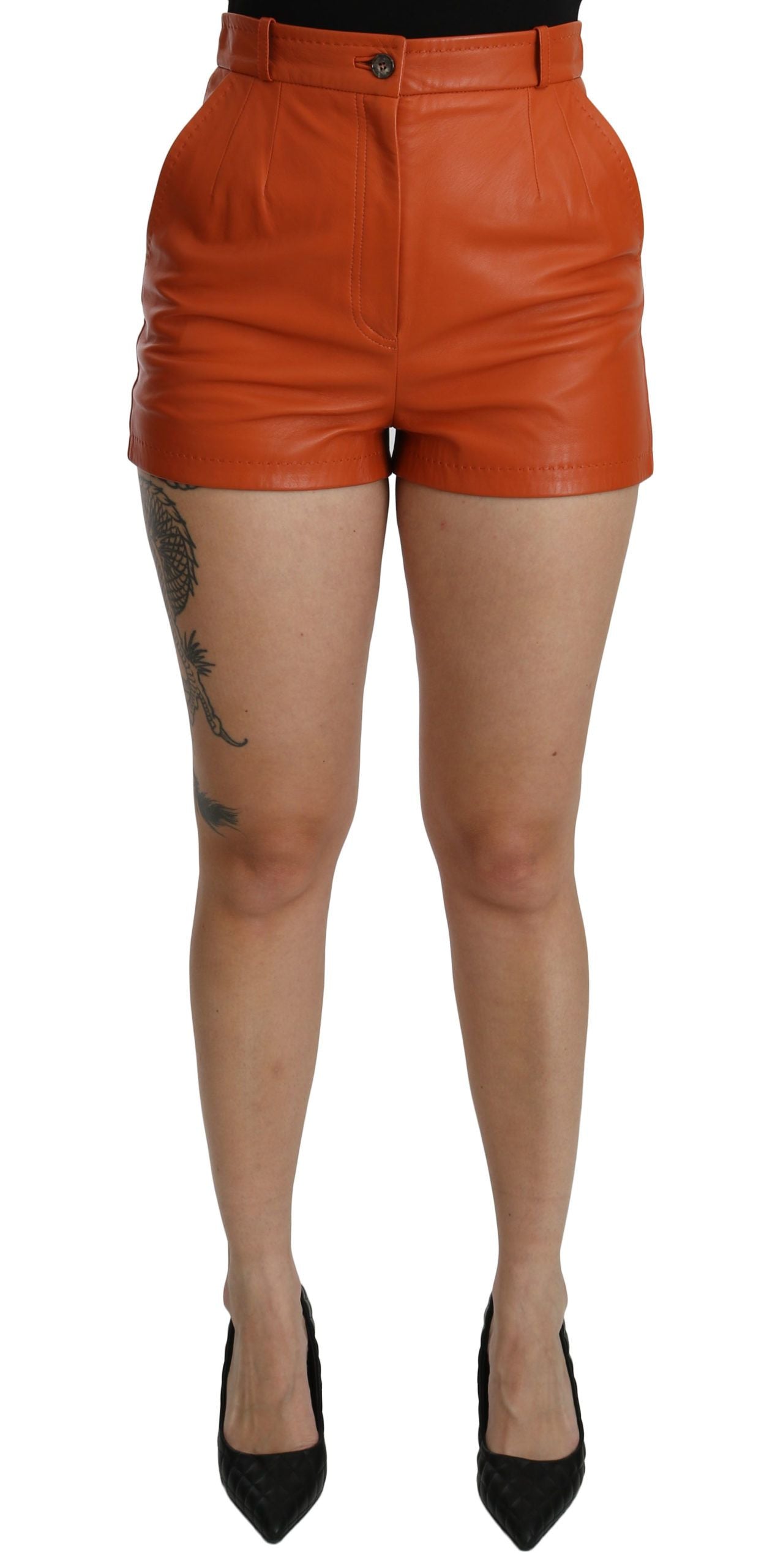 Dolce & Gabbana Chic Orange Læder Hotpants med Høj Talje
