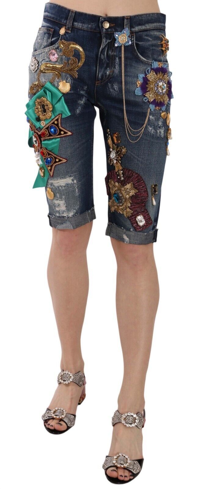 Dolce & Gabbana Elegante Knælange Udsmykkede Denimshorts