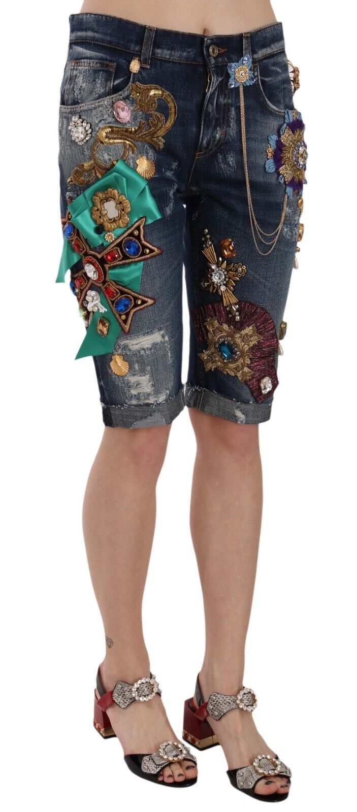 Dolce & Gabbana Elegante Knælange Udsmykkede Denimshorts