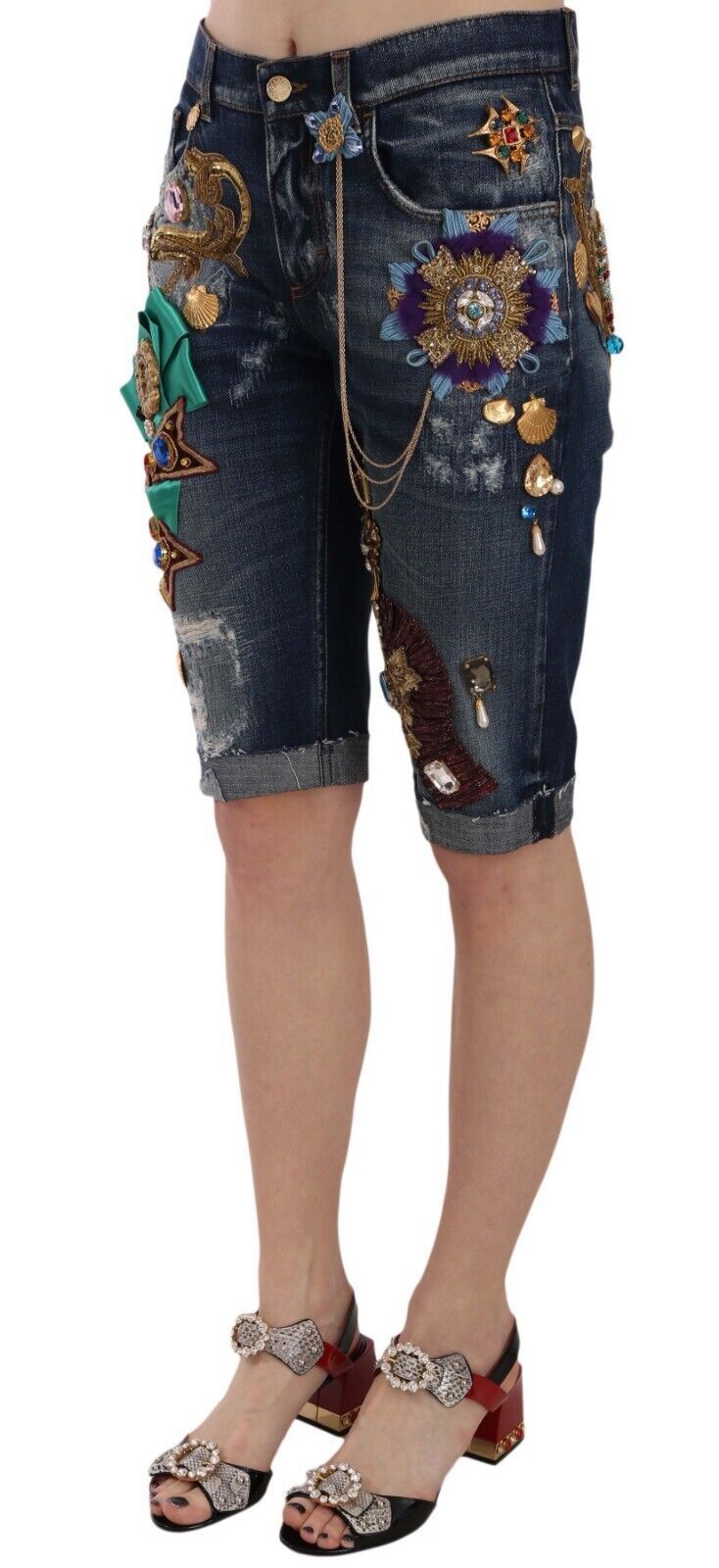 Dolce & Gabbana Elegante Knælange Udsmykkede Denimshorts