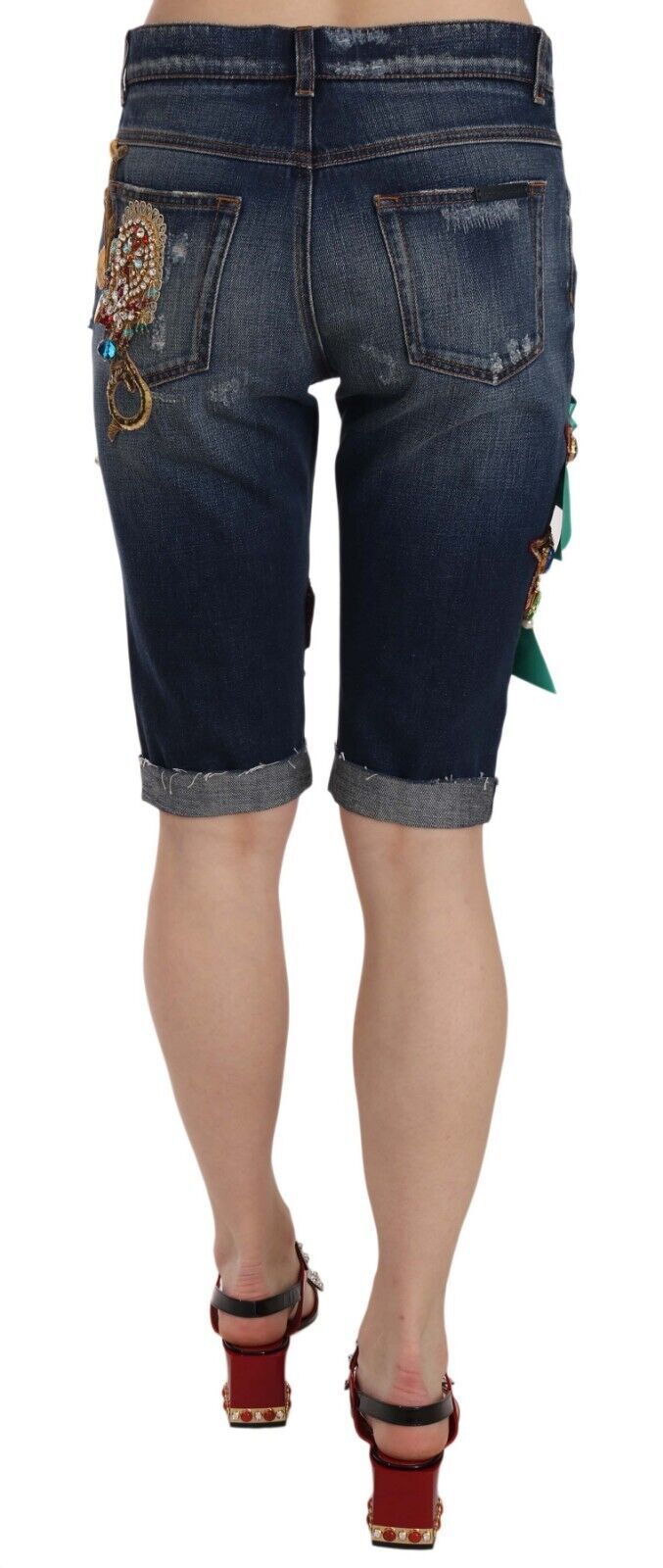 Dolce & Gabbana Elegante Knælange Udsmykkede Denimshorts