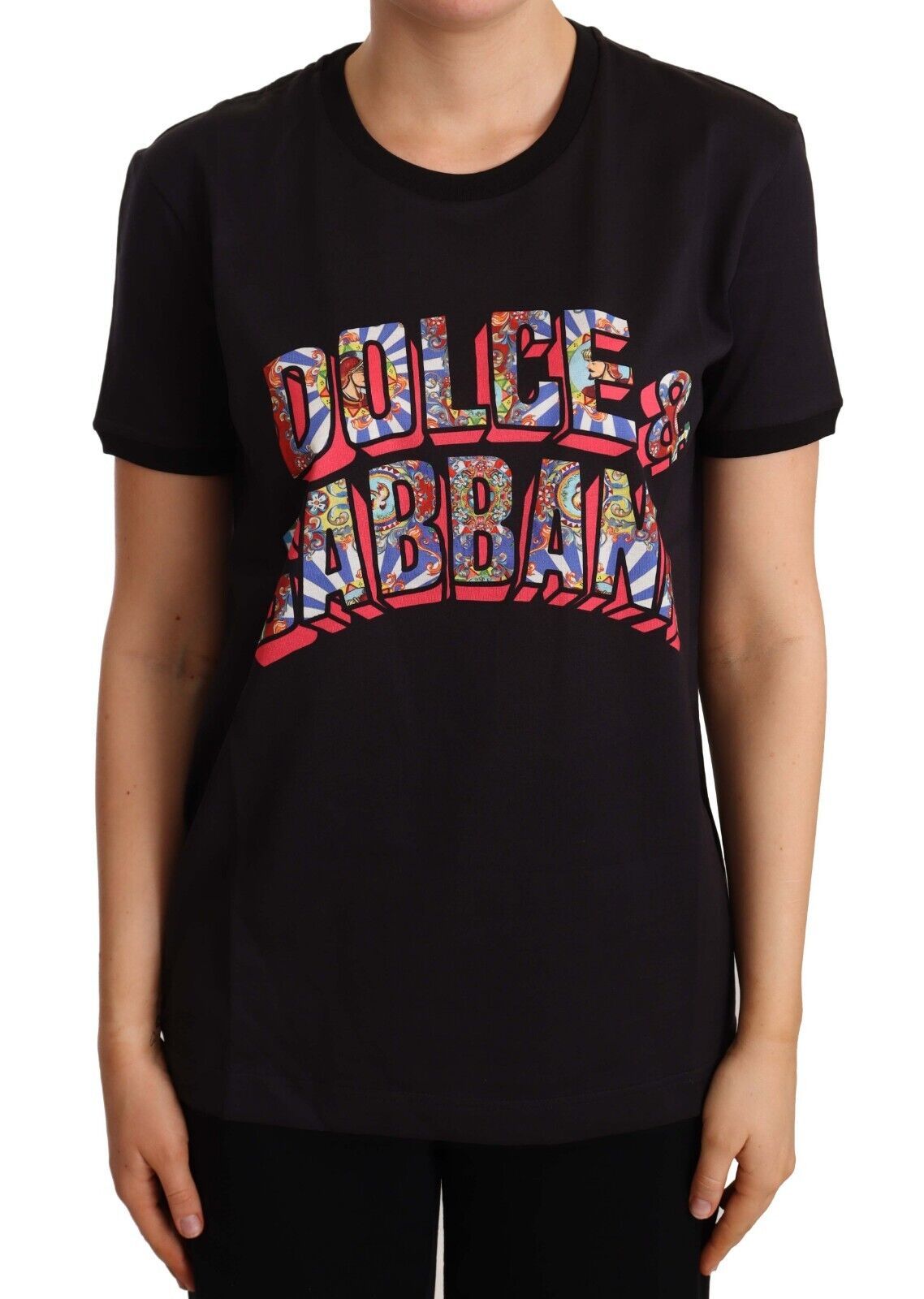 Dolce & Gabbana Elegant Sort Bomulds T-shirt med Logo