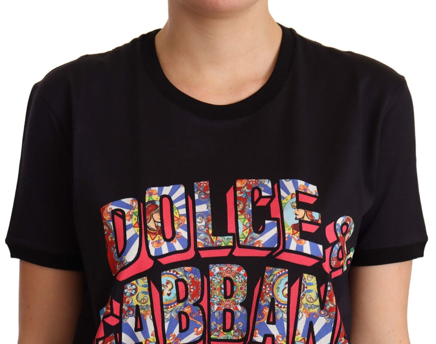 Dolce & Gabbana Elegant Sort Bomulds T-shirt med Logo