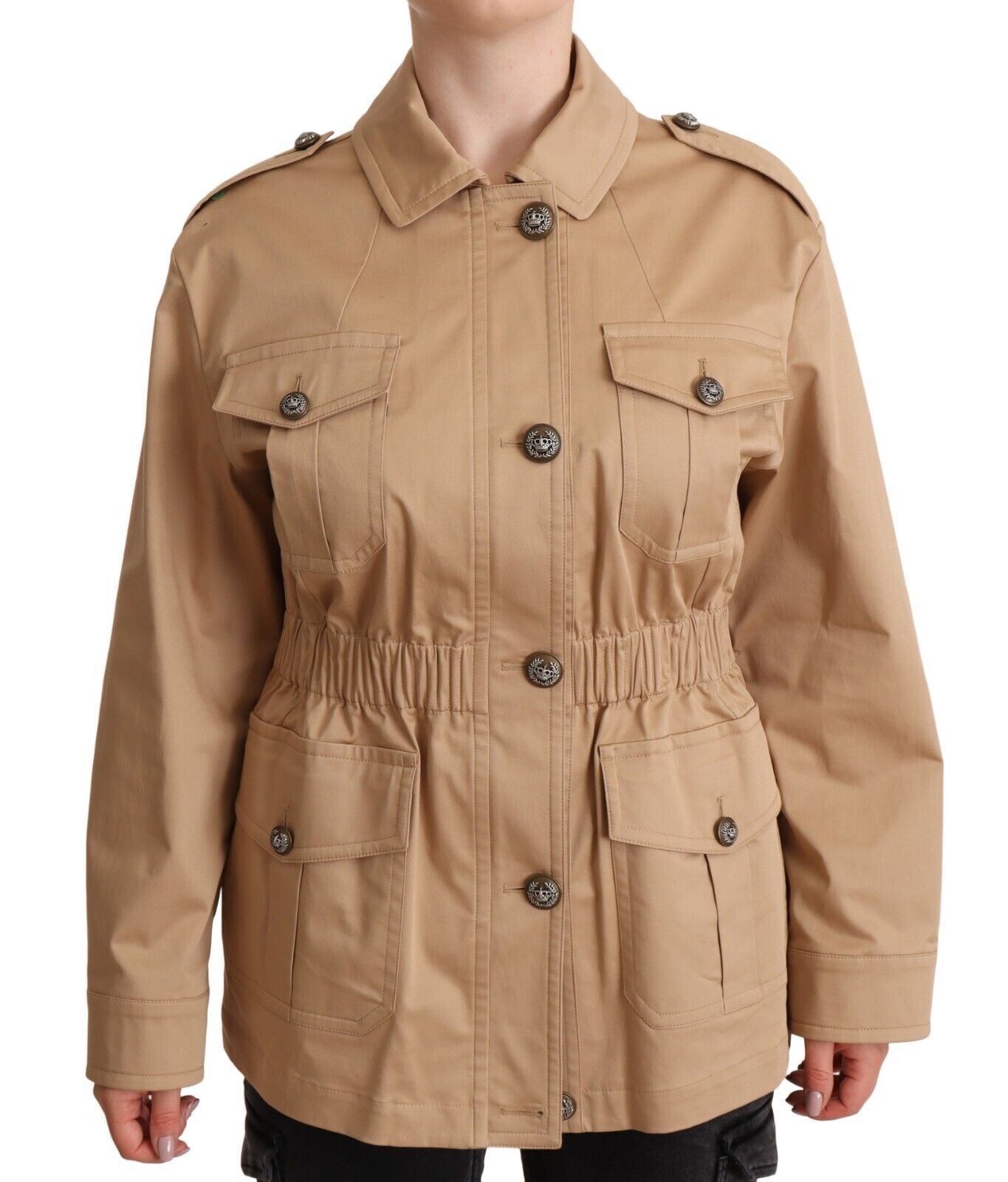 Dolce & Gabbana Chic Beige Button Down Frakke med Udsmykninger