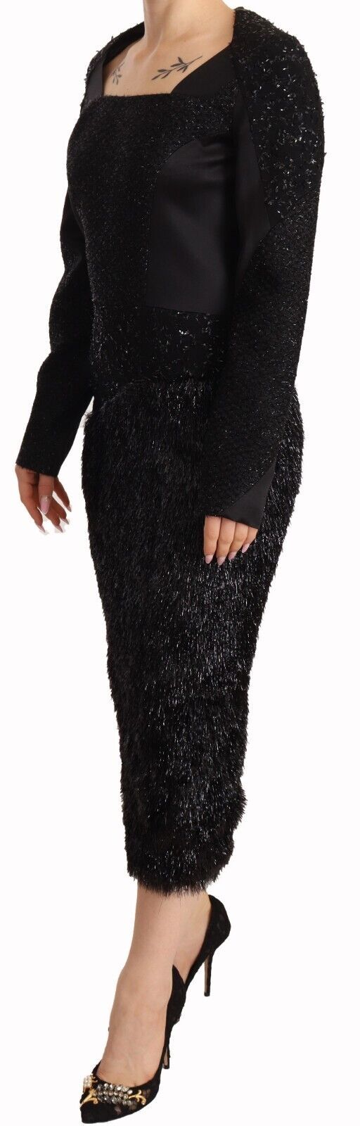Masha Ma Elegant Sort Udsmykket Skede Midikjole