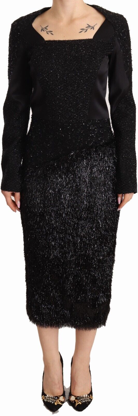 Masha Ma Elegant Sort Udsmykket Skede Midikjole