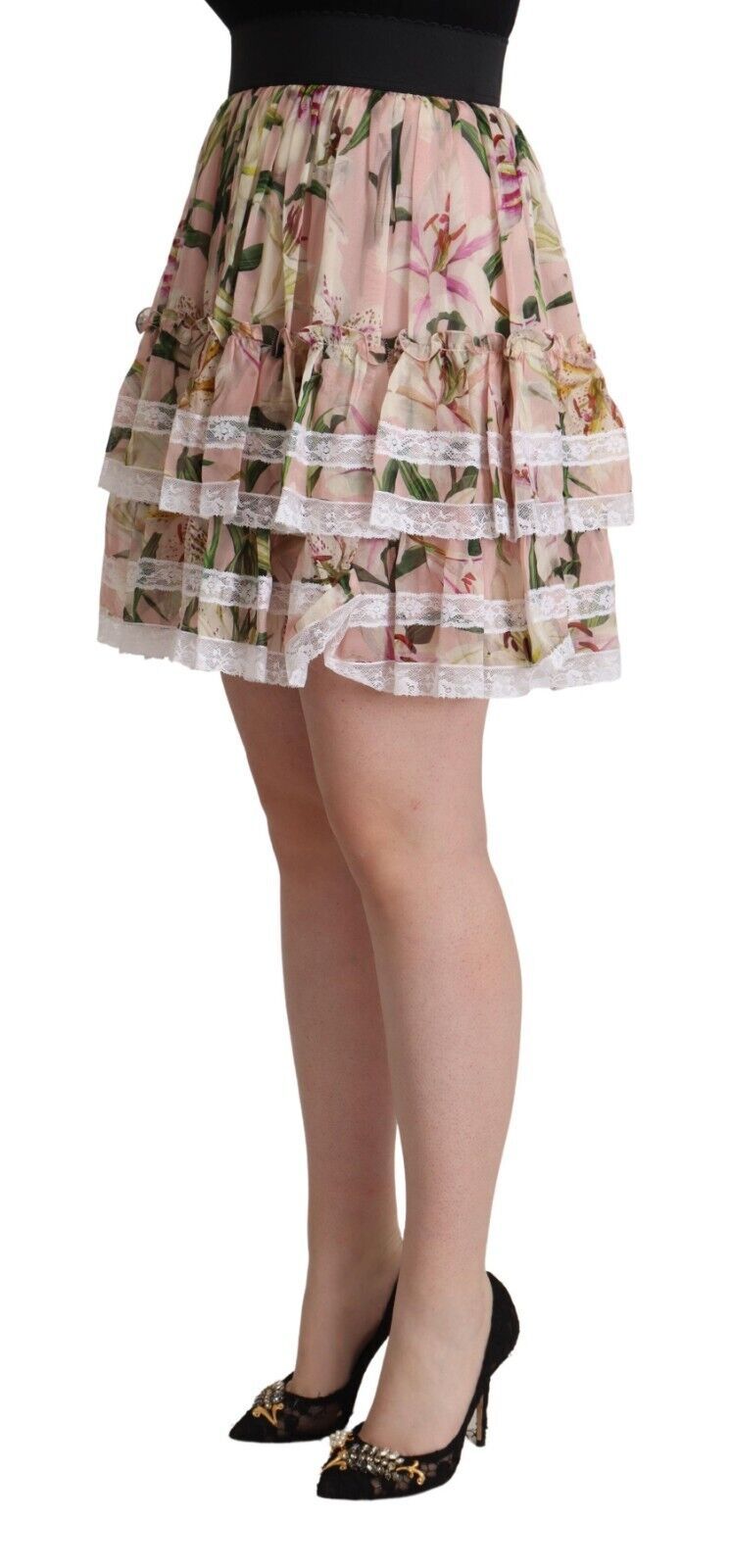 Dolce & Gabbana Elegant Lily Print Lagdelt A-formet Mininederdel