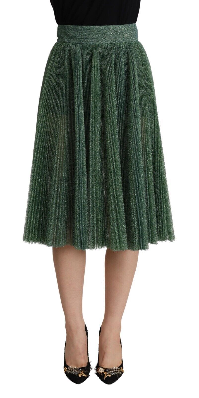 Dolce & Gabbana Metallic Grøn Plisseret A-Line Midi Nederdel