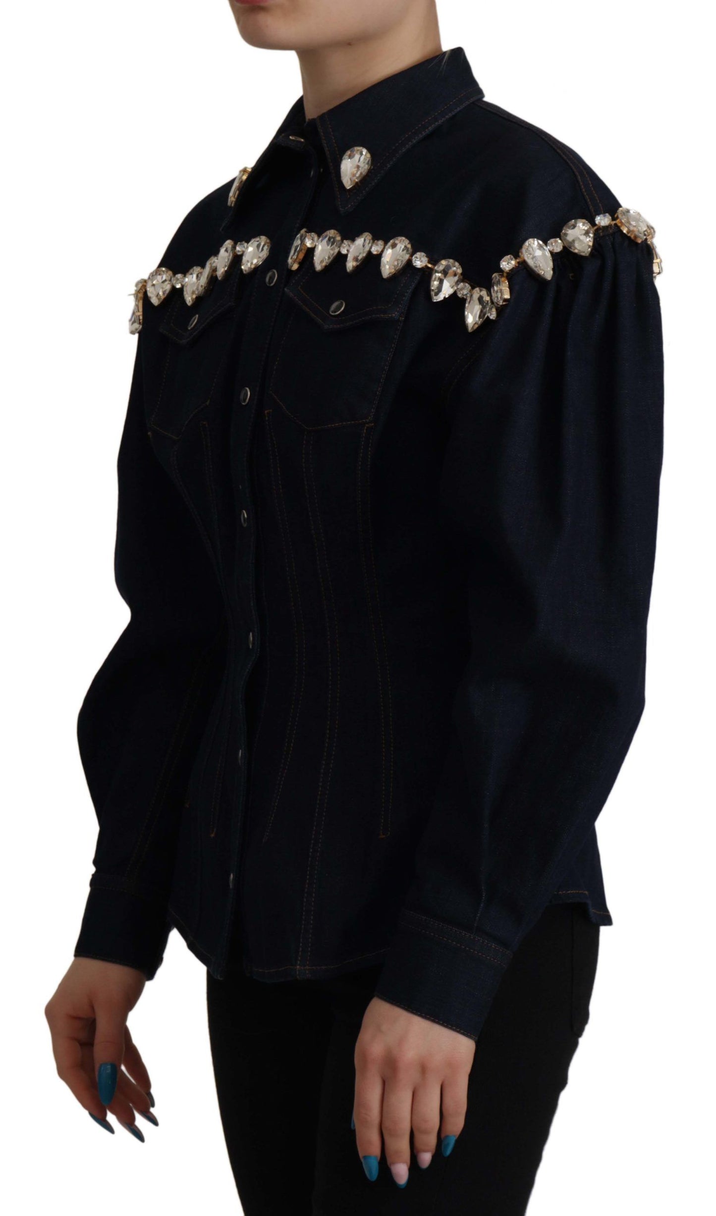 Dolce & Gabbana Elegant Krystaludsmykket Denimjakke